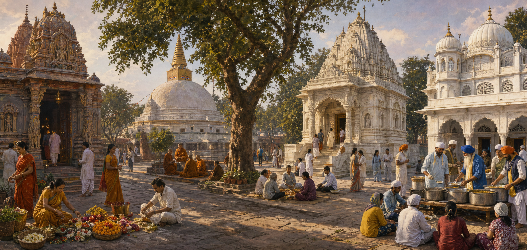 Separate Hindu, Buddhist, Jain, and Sikh communities practice worship, meditation, offering, and communal service within a connected Indian townscape.