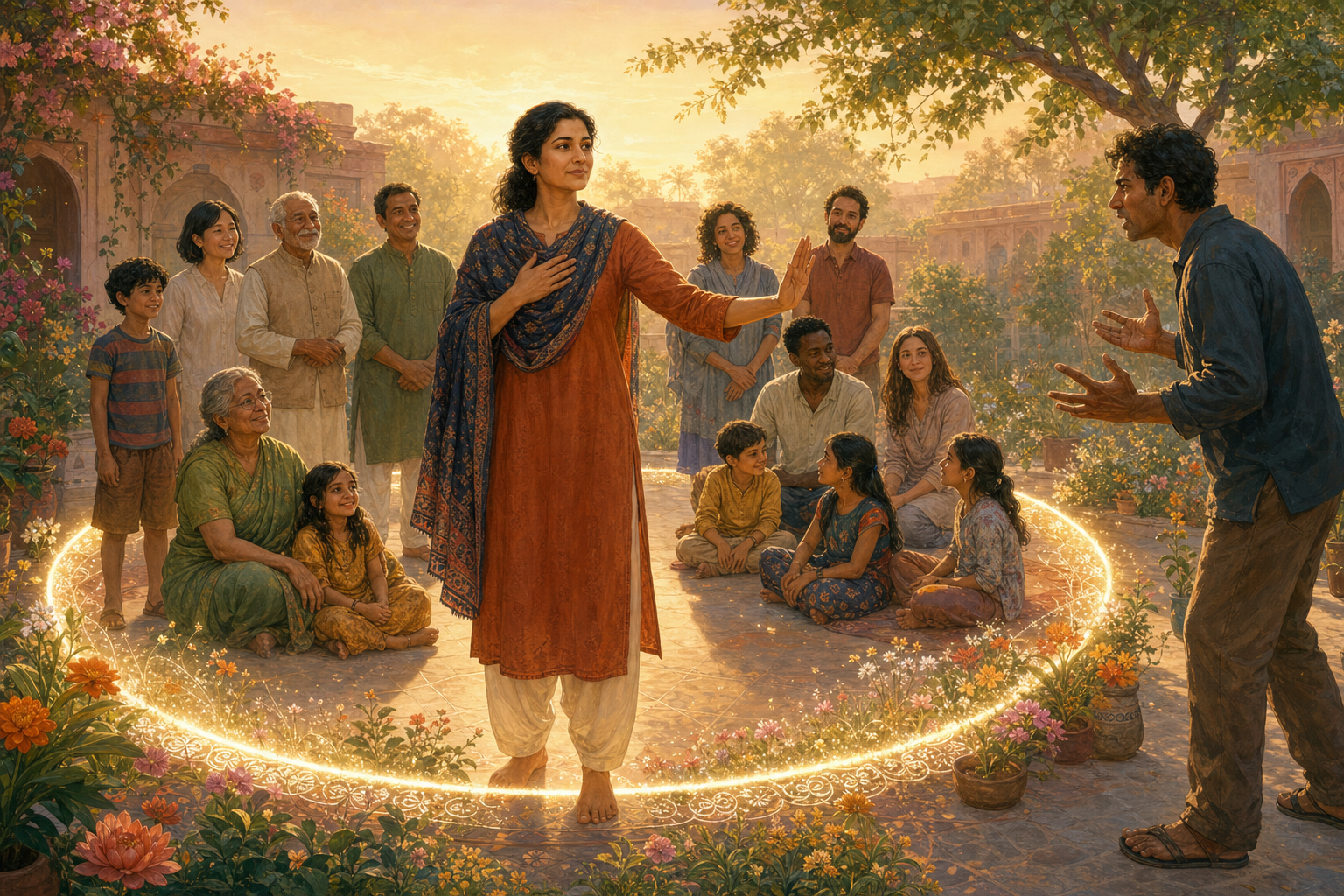 A calm person raises a protective hand while a diverse community gathers inside a sunlit circular garden boundary and another person stands outside it.