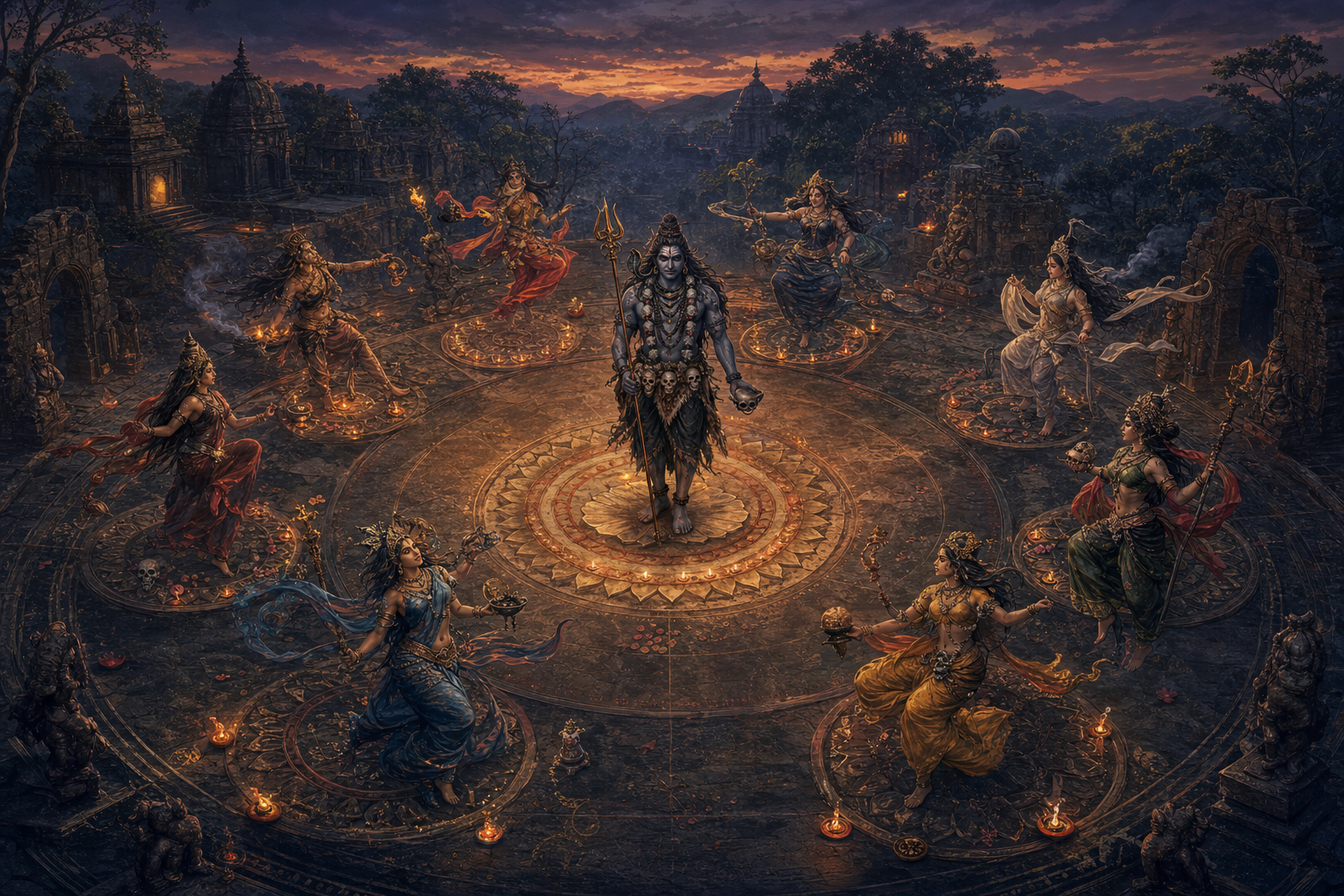 Bhairava stands at the center of an open-air sacred circle while Yogini figures move through subtly divided zones around him at twilight.