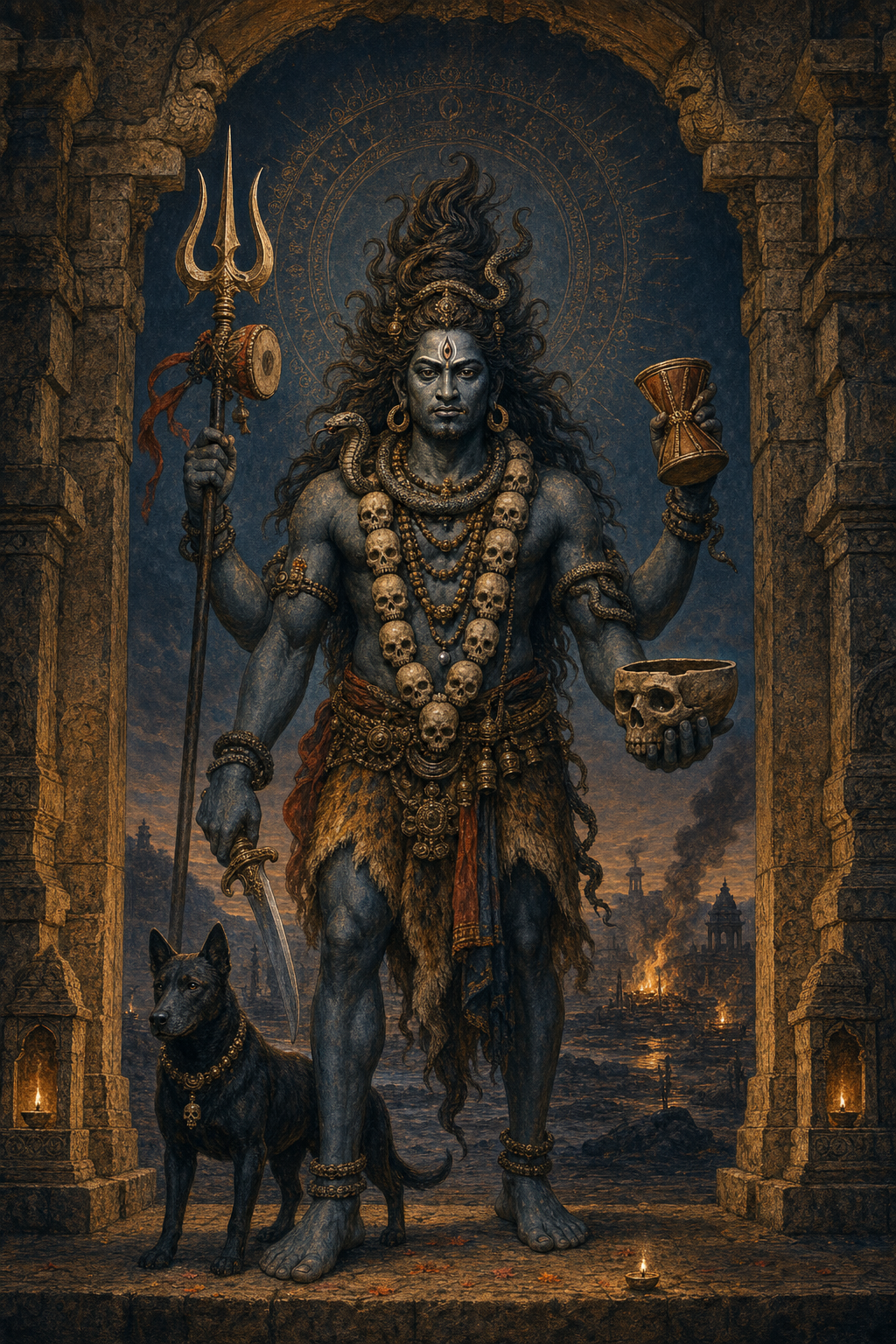 Fierce multi-armed Bhairava figure with matted hair, skull garland, trident, drum, skull bowl, sword, and a black dog standing in a lamplit stone sanctuary.