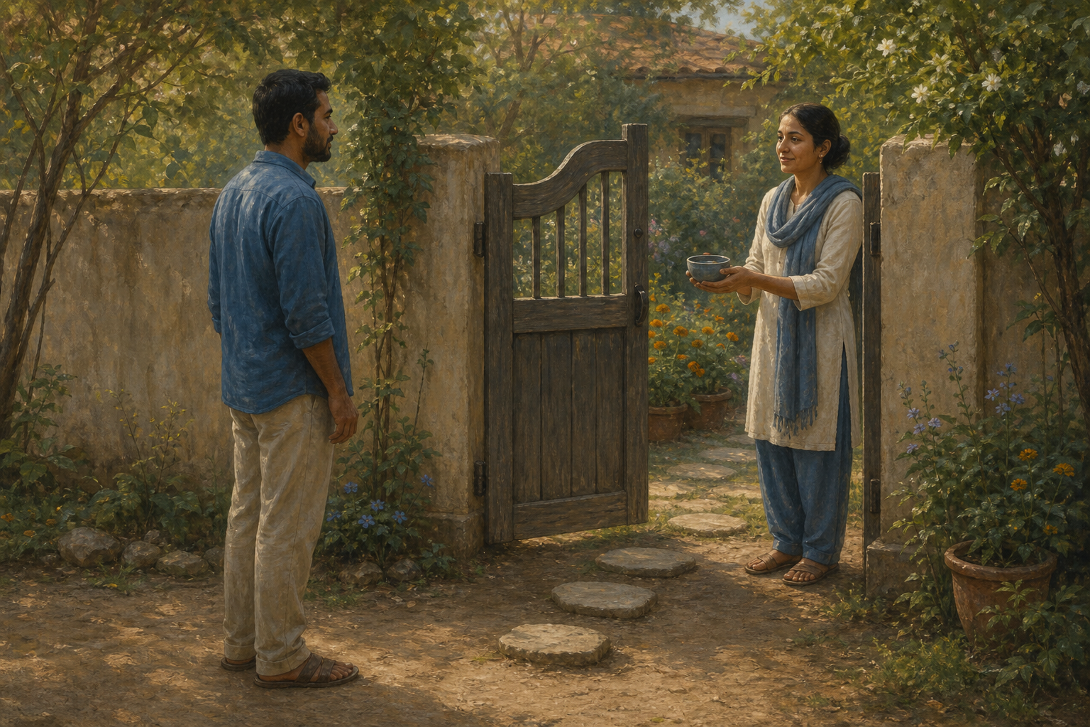 One person offers a bowl of water through a partly open garden gate while another waits beside an incomplete path of stepping stones.