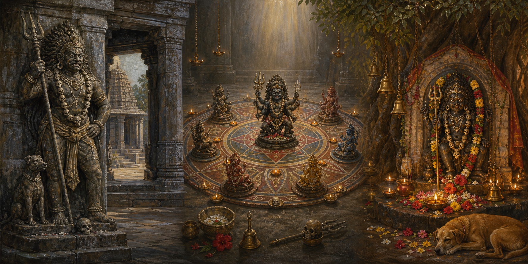 Three related Bhairava settings shown side by side: a temple gateway guardian, a figure within a circular tantric arrangement, and a flower-adorned shrine beneath a tree.