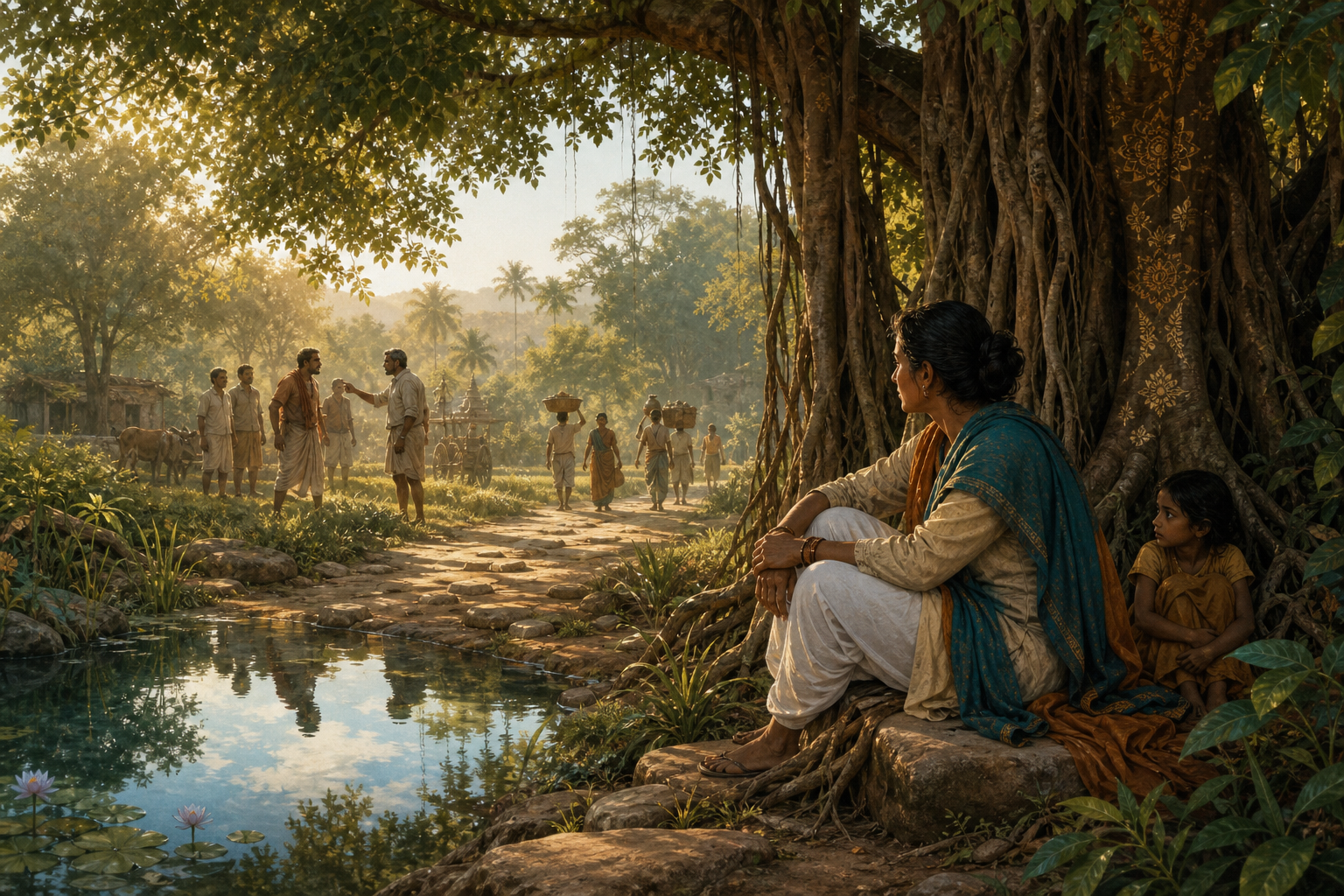 A person reflects beneath a banyan tree near a clear pool, a sheltered vulnerable figure, and a path leading to people working together.