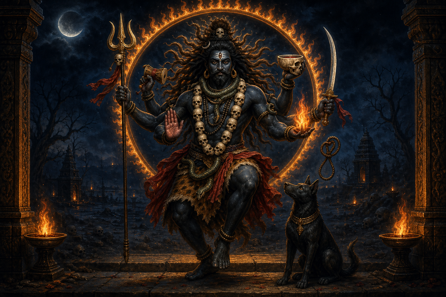 Multi-armed Bhairava figure holding a trident, drum, skull bowl, sword, noose, and flame, with skull and serpent ornaments, a protective hand gesture, and a black dog.