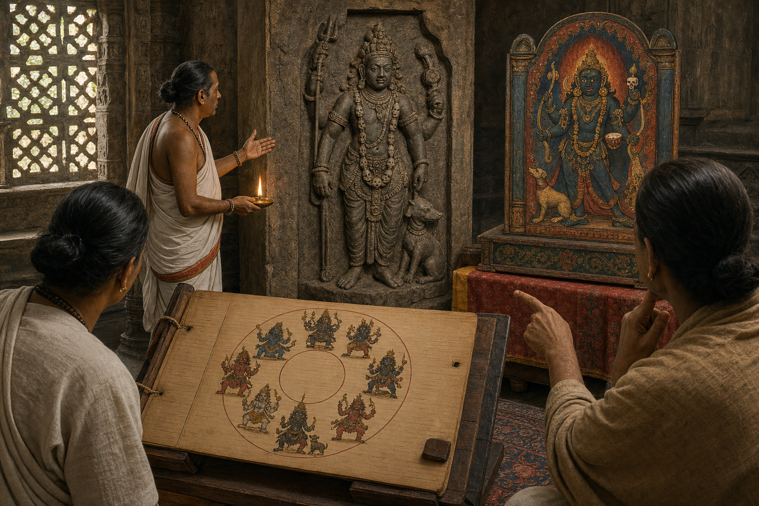 Scholars and a temple practitioner compare an eight-figure manuscript arrangement, a stone guardian relief, and a painted local Bhairava shrine panel in a lamplit archive.
