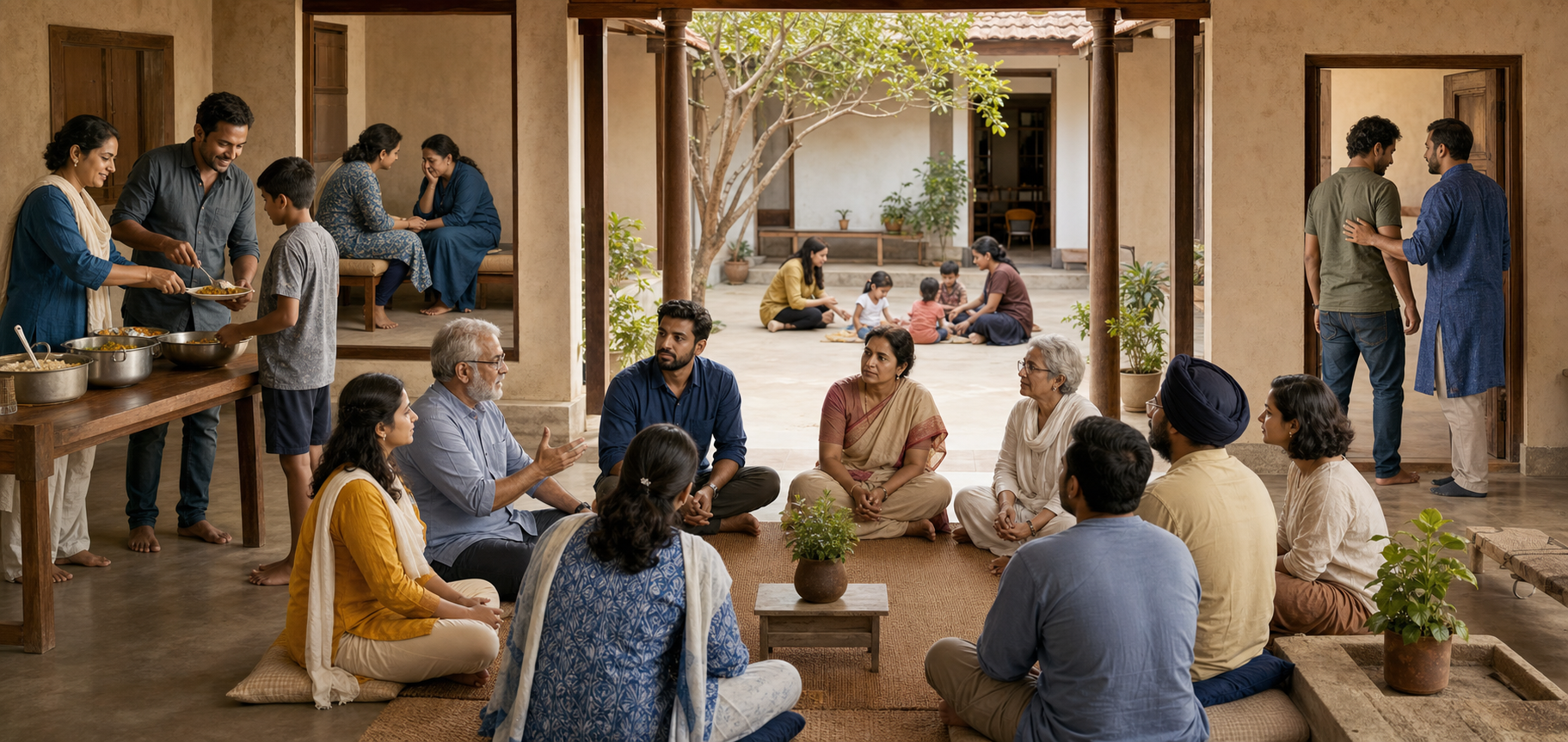 People meet in a community hall while others distribute food, support a distressed person, supervise children, and guide a tense participant to a separate space.