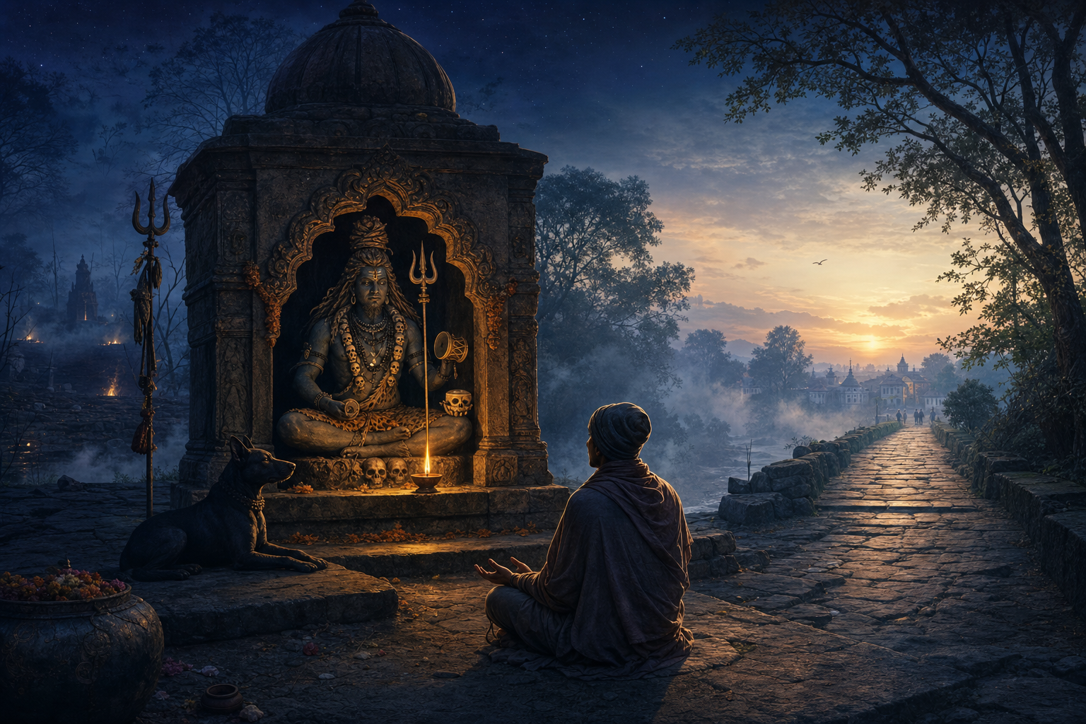 A calm devotee sits before a small lamplit Bhairava shrine with a trident, skull bowl, drum, and black dog as dawn appears beyond the temple threshold.