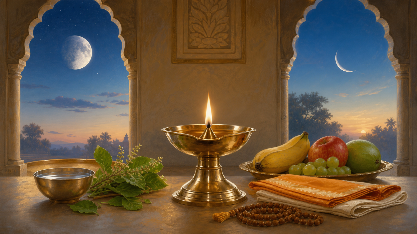 A brass lamp, tulsi leaves, water, fruit and prayer beads arranged at a home shrine beneath waxing and waning moon phases.