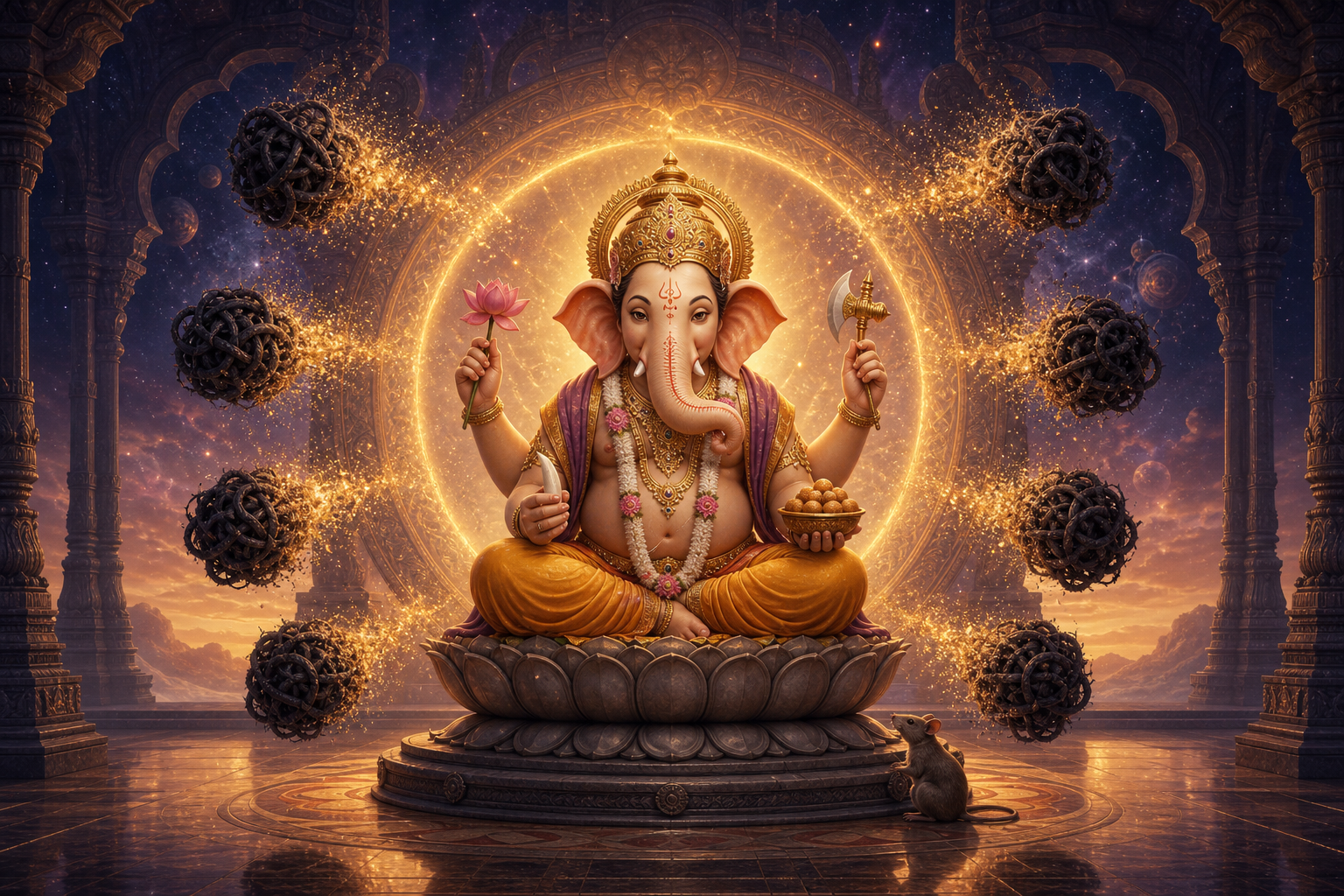 Ganesha meditates on a lotus pedestal while eight dark knotted forms dissolve in the golden light surrounding him.