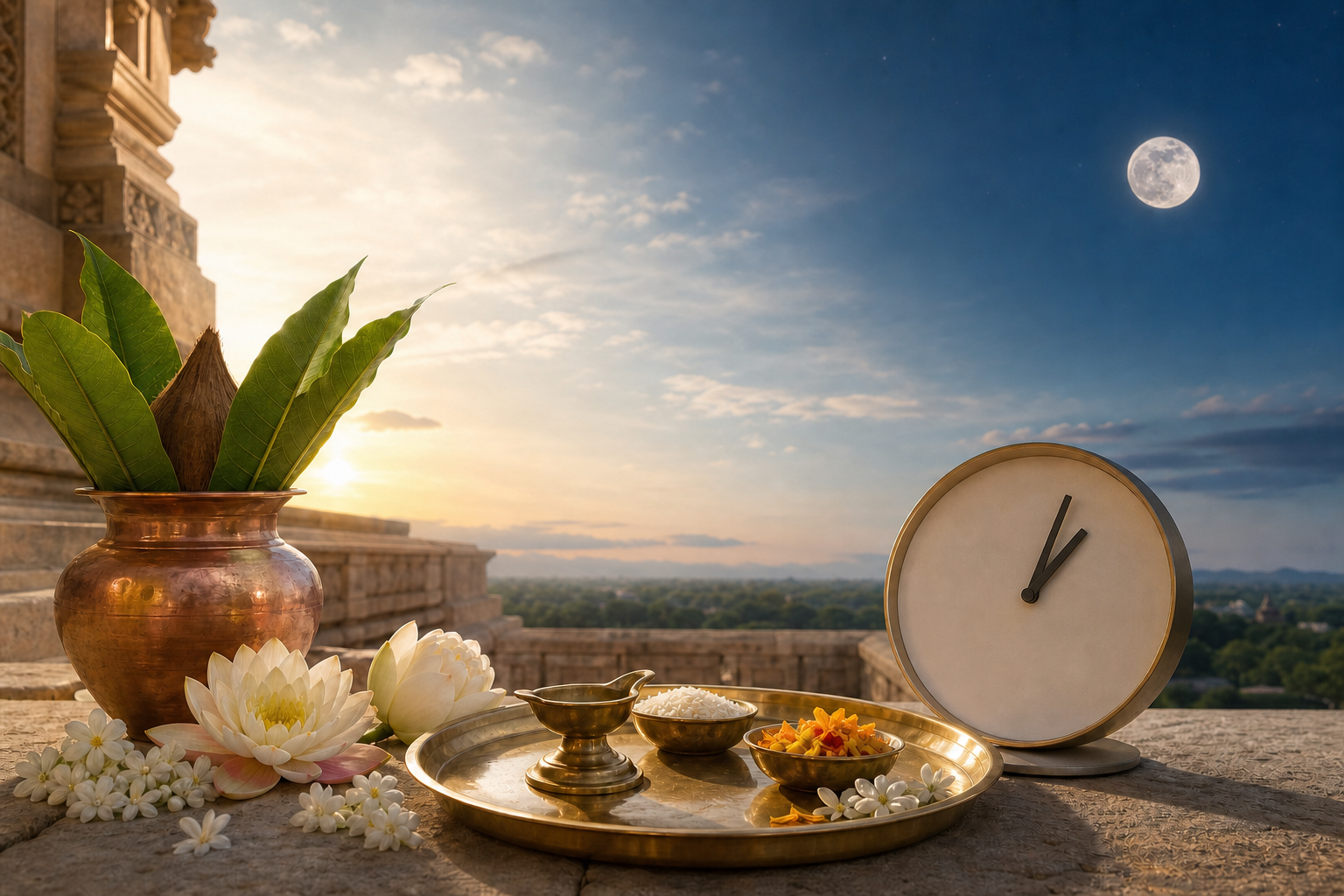 Brass Purnima worship items and a numeral-free clock on a sunlit terrace beneath a softly glowing full moon.