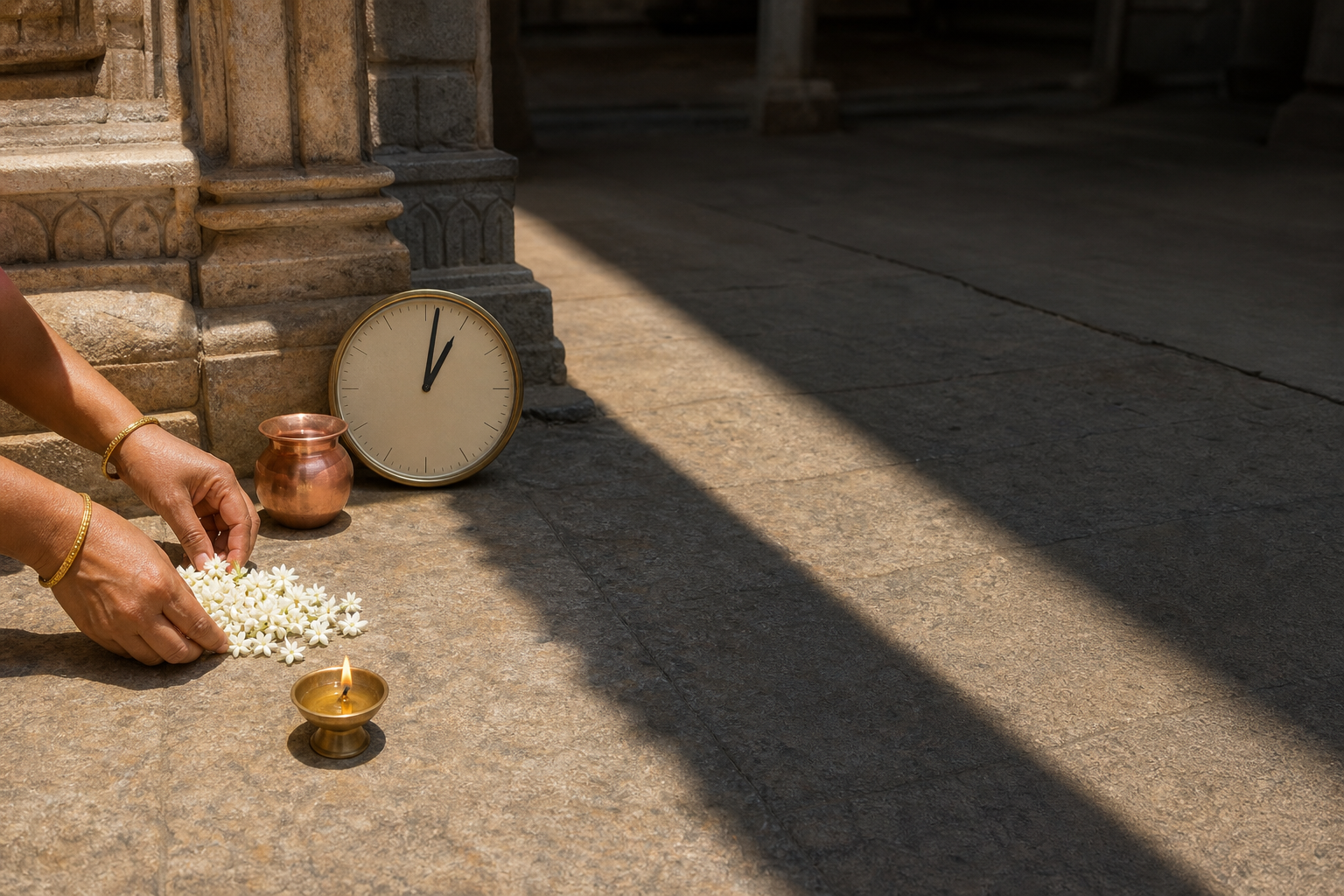 Hands complete a flower offering in a temple courtyard beside a numeral-free clock showing just after one o'clock.