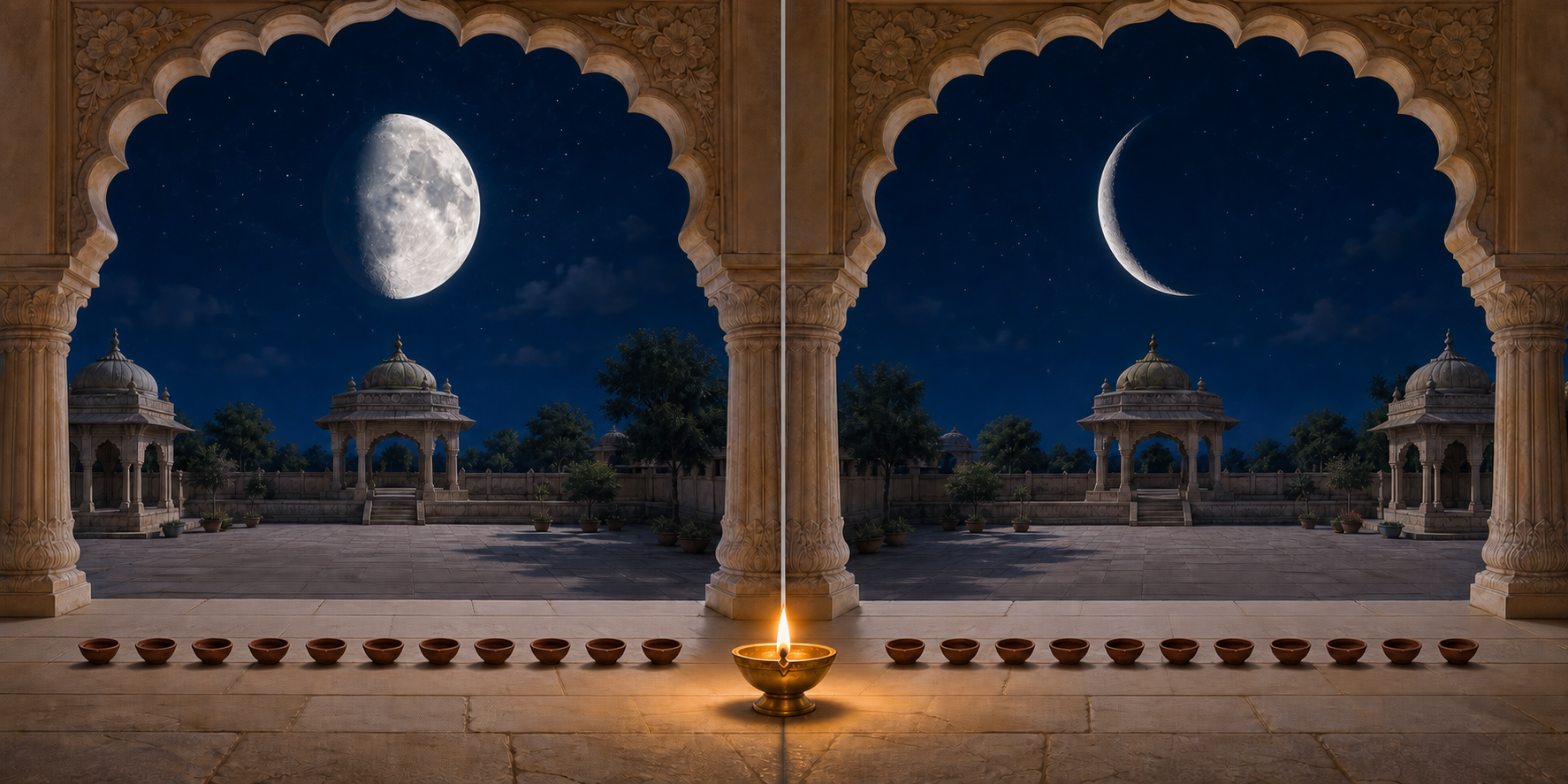 A temple courtyard shown under a waxing gibbous moon on one side and a waning crescent moon on the other.