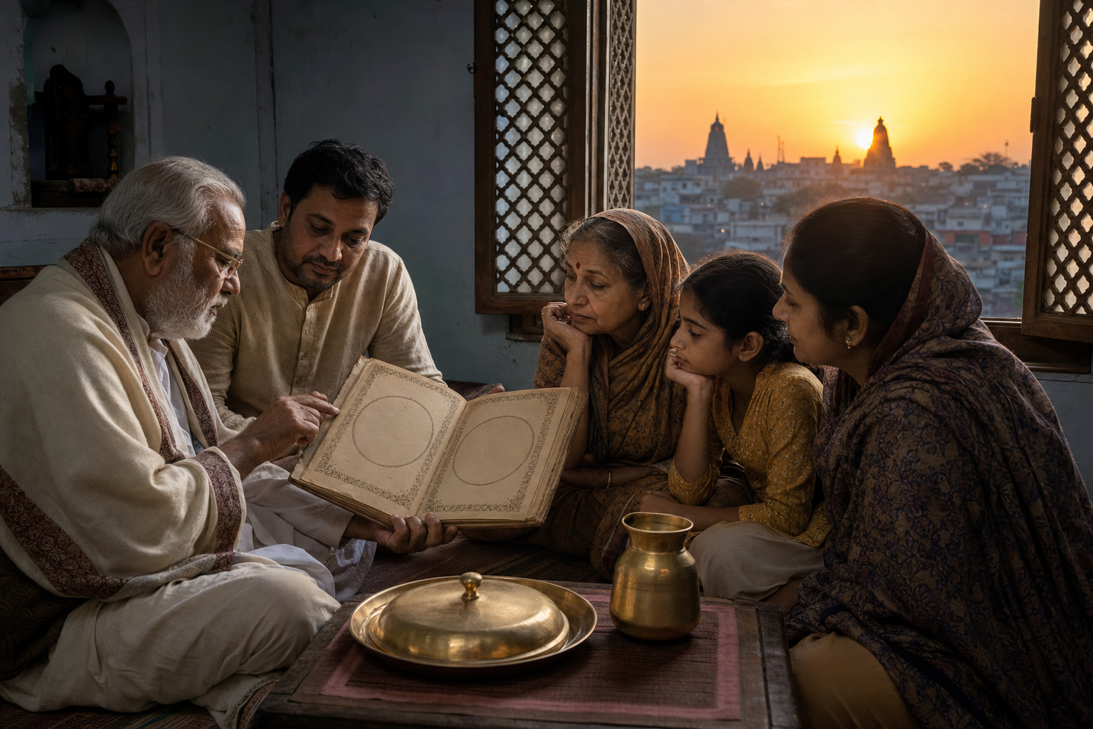 A family consults a traditional almanac near sunrise while a covered meal and water vessel wait nearby.