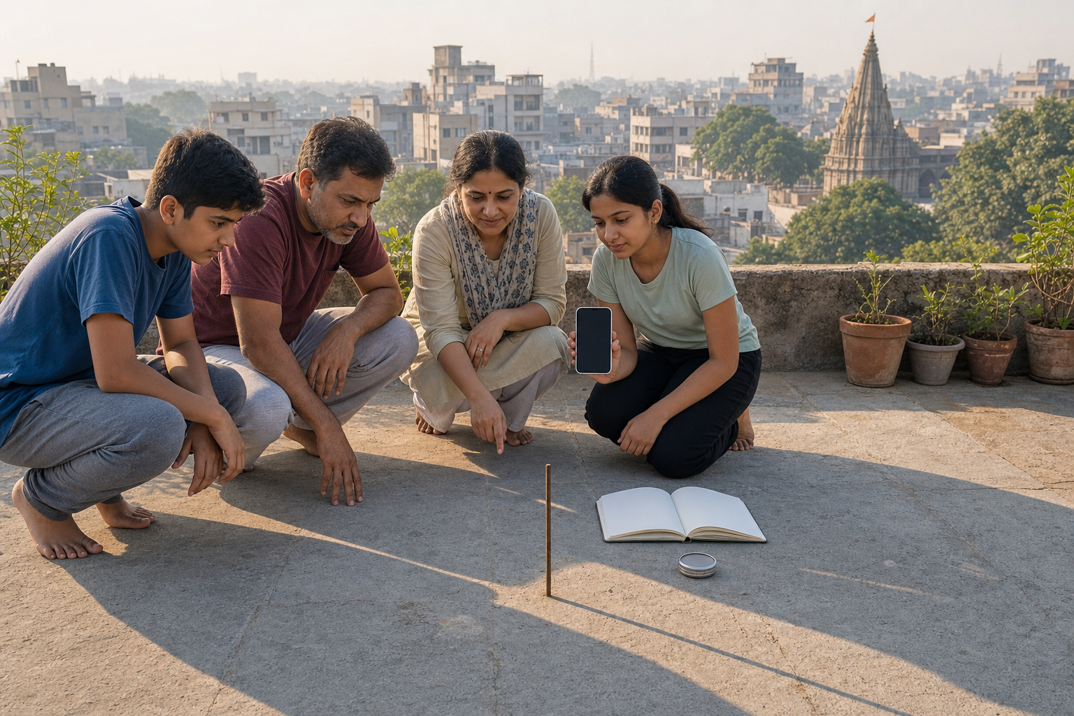 People on an Indian rooftop compare a gnomon shadow with a blank-screen phone to determine local solar timing.