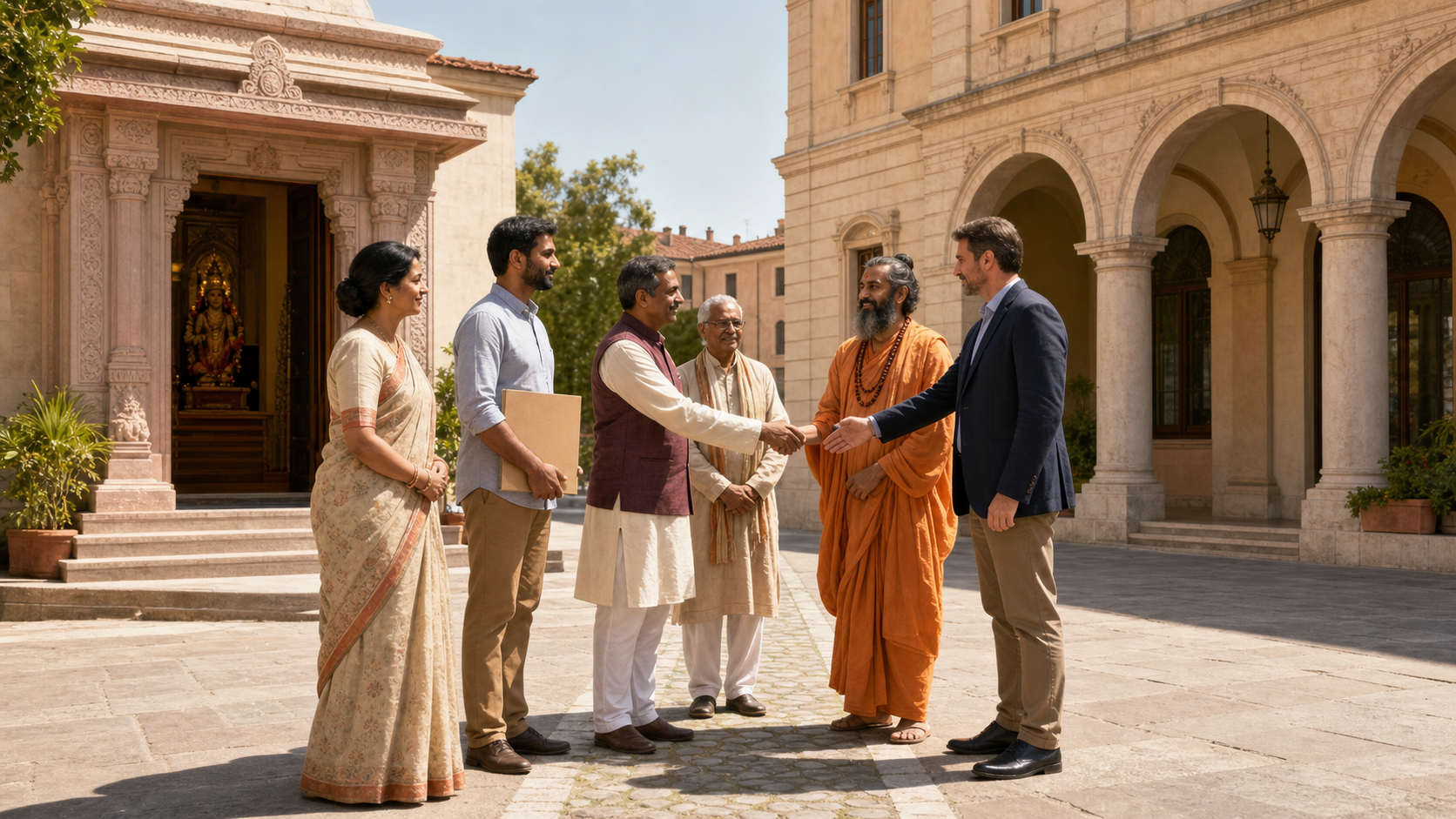 Hindu community representatives meet a municipal official in an Italian piazza between a mandir entrance and an arched civic building.