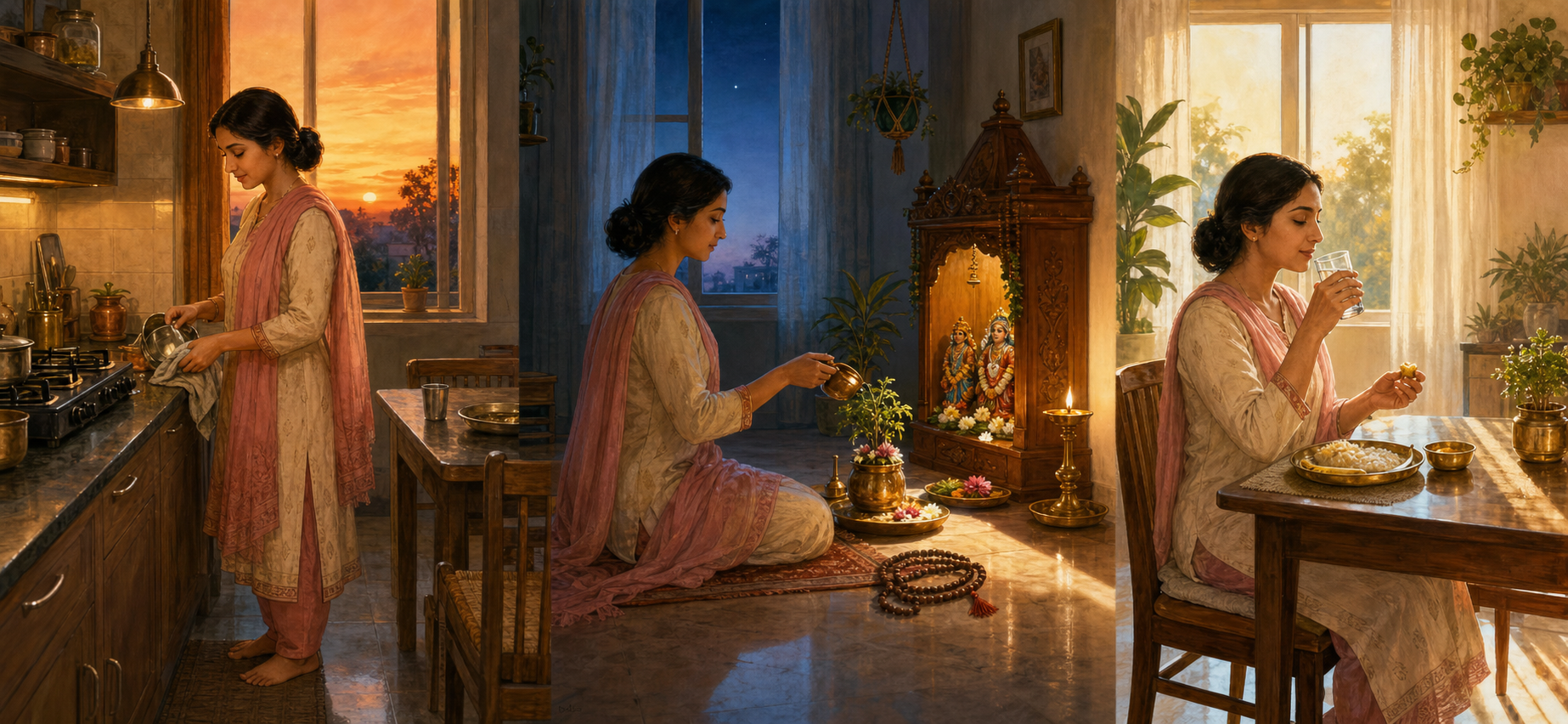 Three connected scenes show a simple Dashami meal, Ekadashi worship and the breaking of the fast on Dwadashi morning.