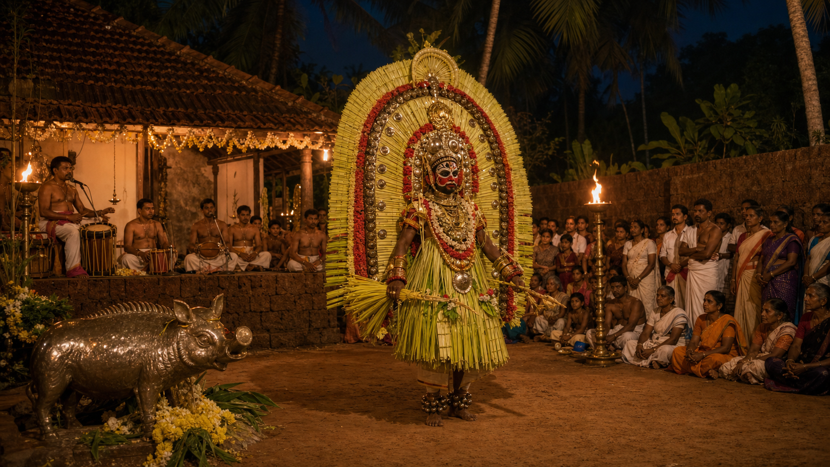 A ritual specialist embodying Panjurli stands in ceremonial regalia and torchlight as musicians and families gather in a coastal Karnataka shrine courtyard at night.
