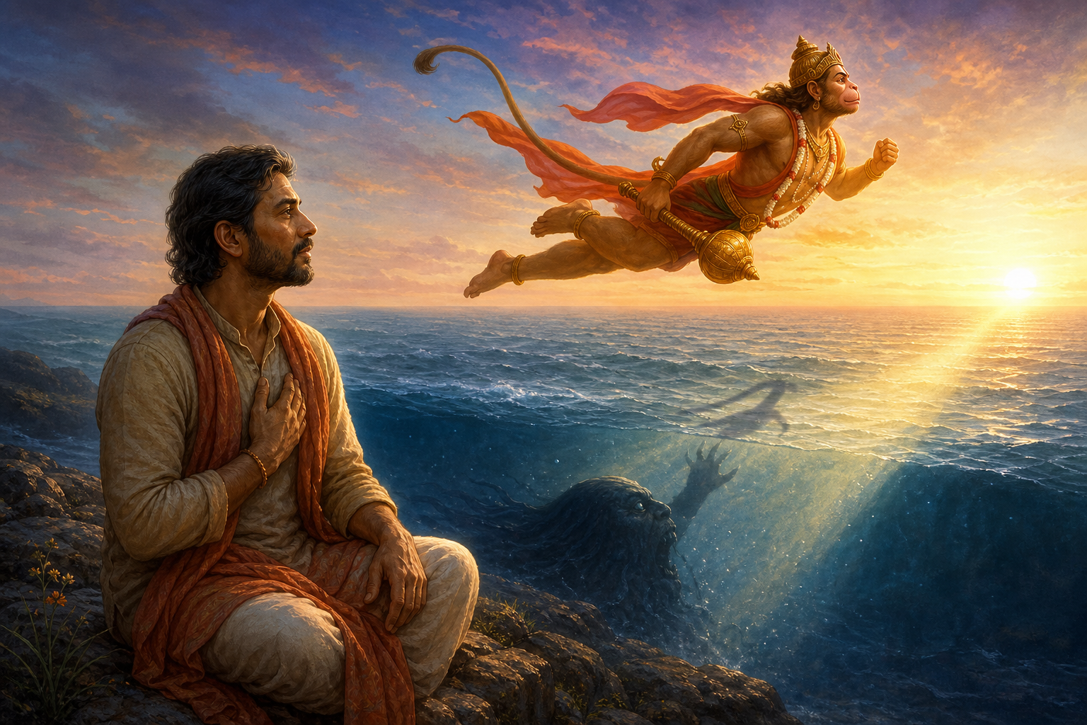 A person meditates on an ocean shore at dawn while Hanuman flies above a hidden shadowy presence beneath the water.