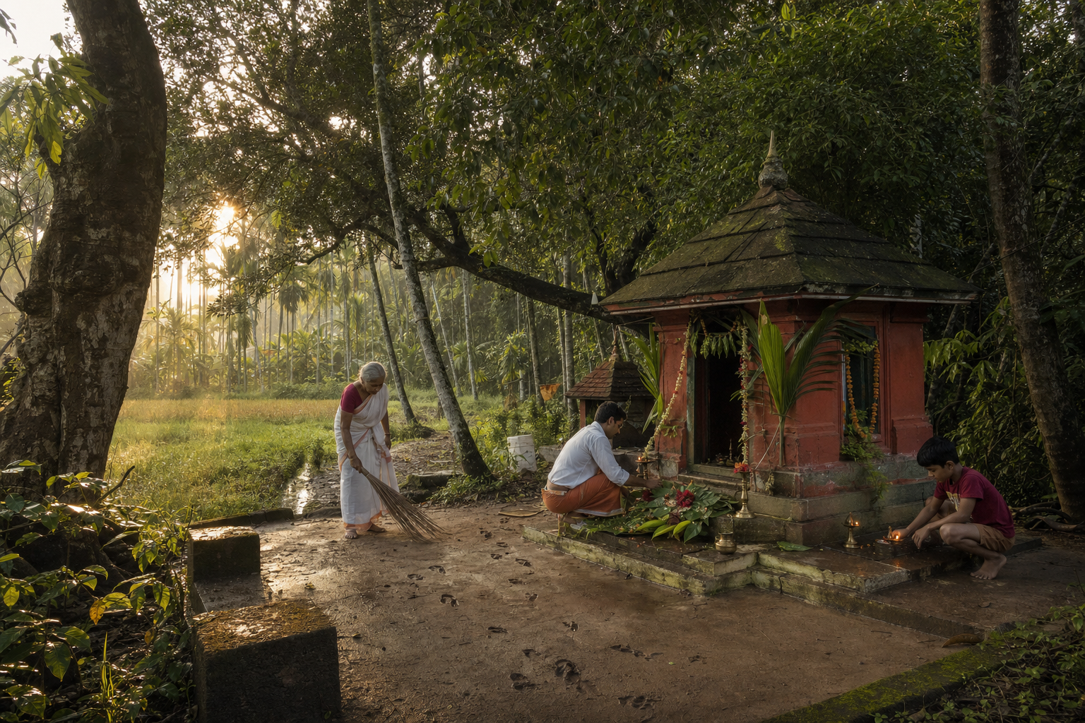 Residents tend a small rural daiva shrine beside a sacred grove, areca palms, and cultivated fields at dawn.
