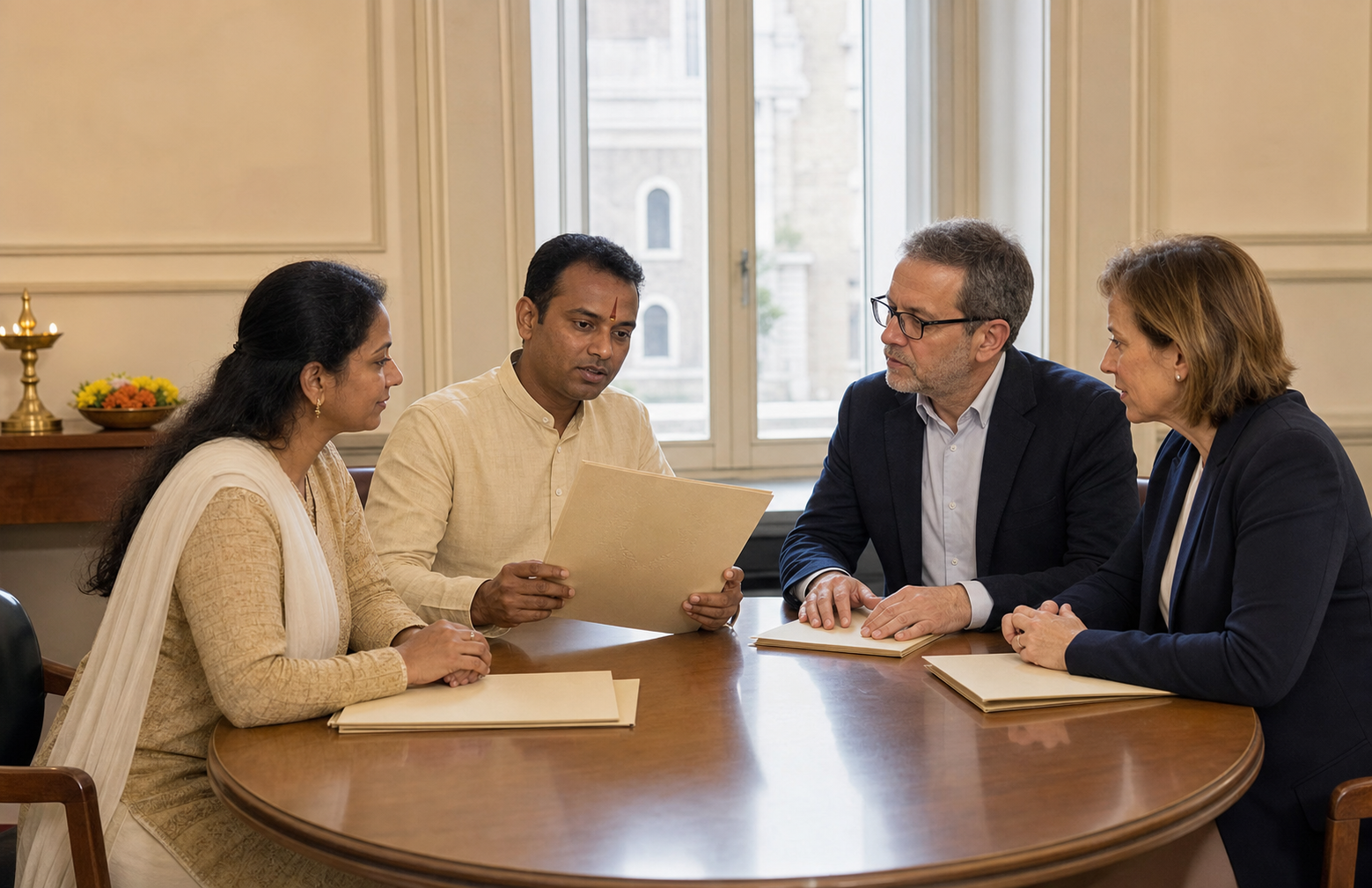 Hindu association representatives and Italian civil administrators review document folders together in a municipal meeting room.