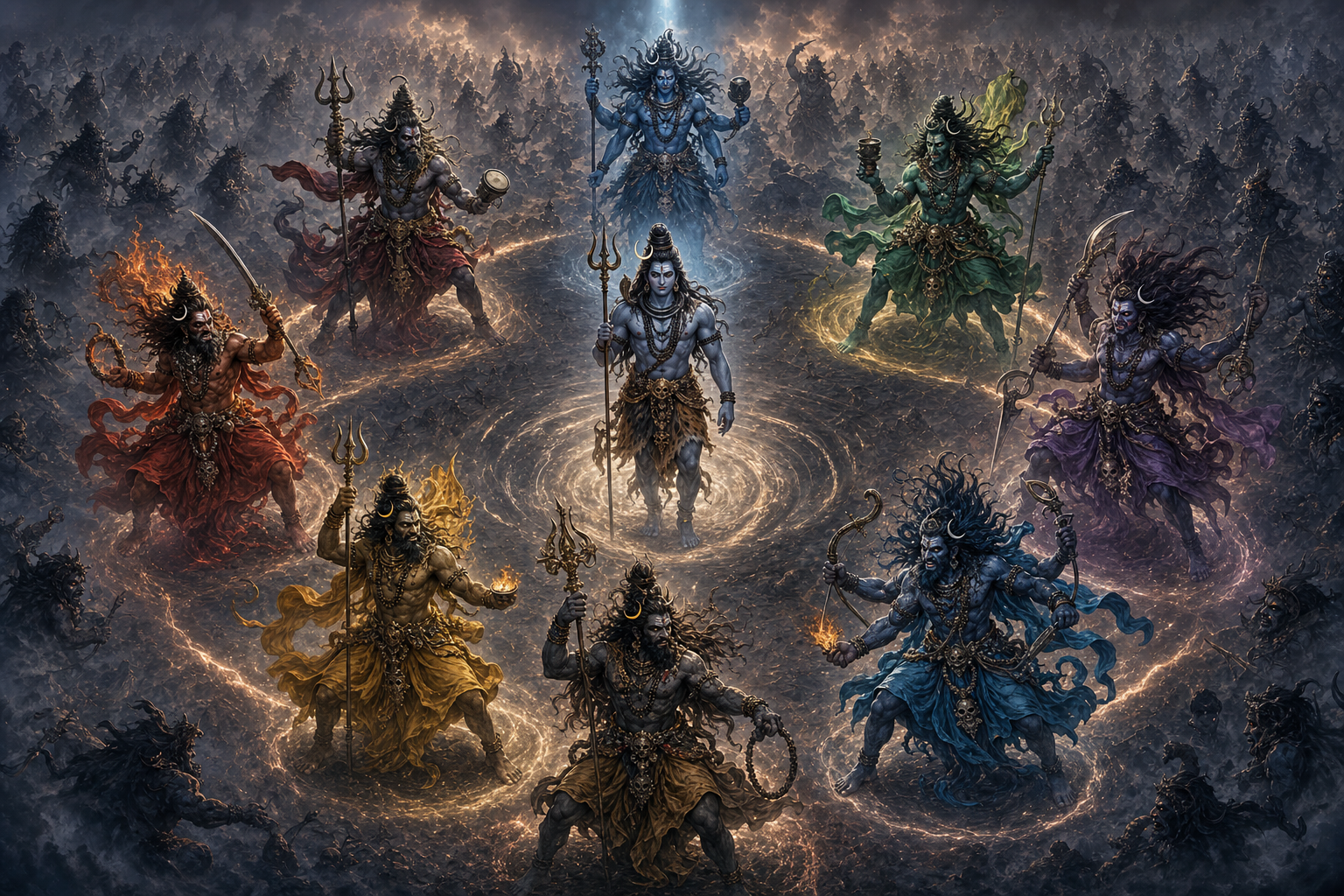 Shiva stands on a mythic battlefield as eight fierce Bhairava forms emerge around him in a protective circle, with the multiplied forces of Andhaka in the distance.