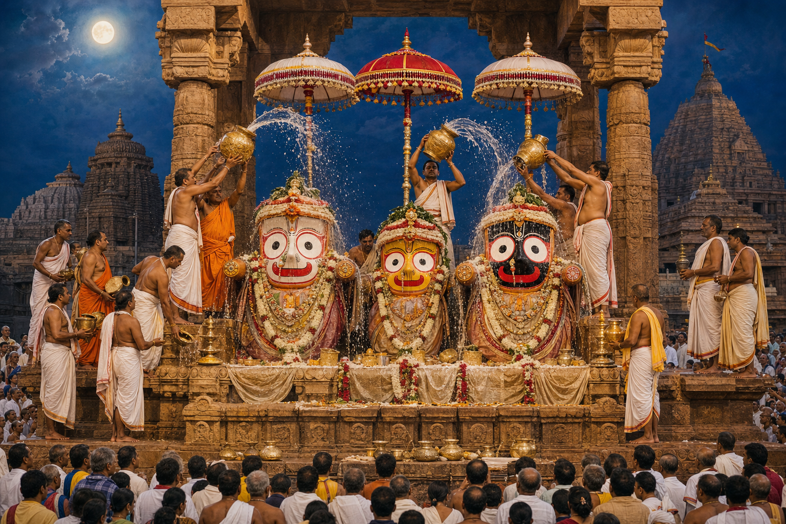 Jagannath, Balabhadra, and Subhadra receive a ceremonial public bath from temple servitors on an elevated platform in Puri.