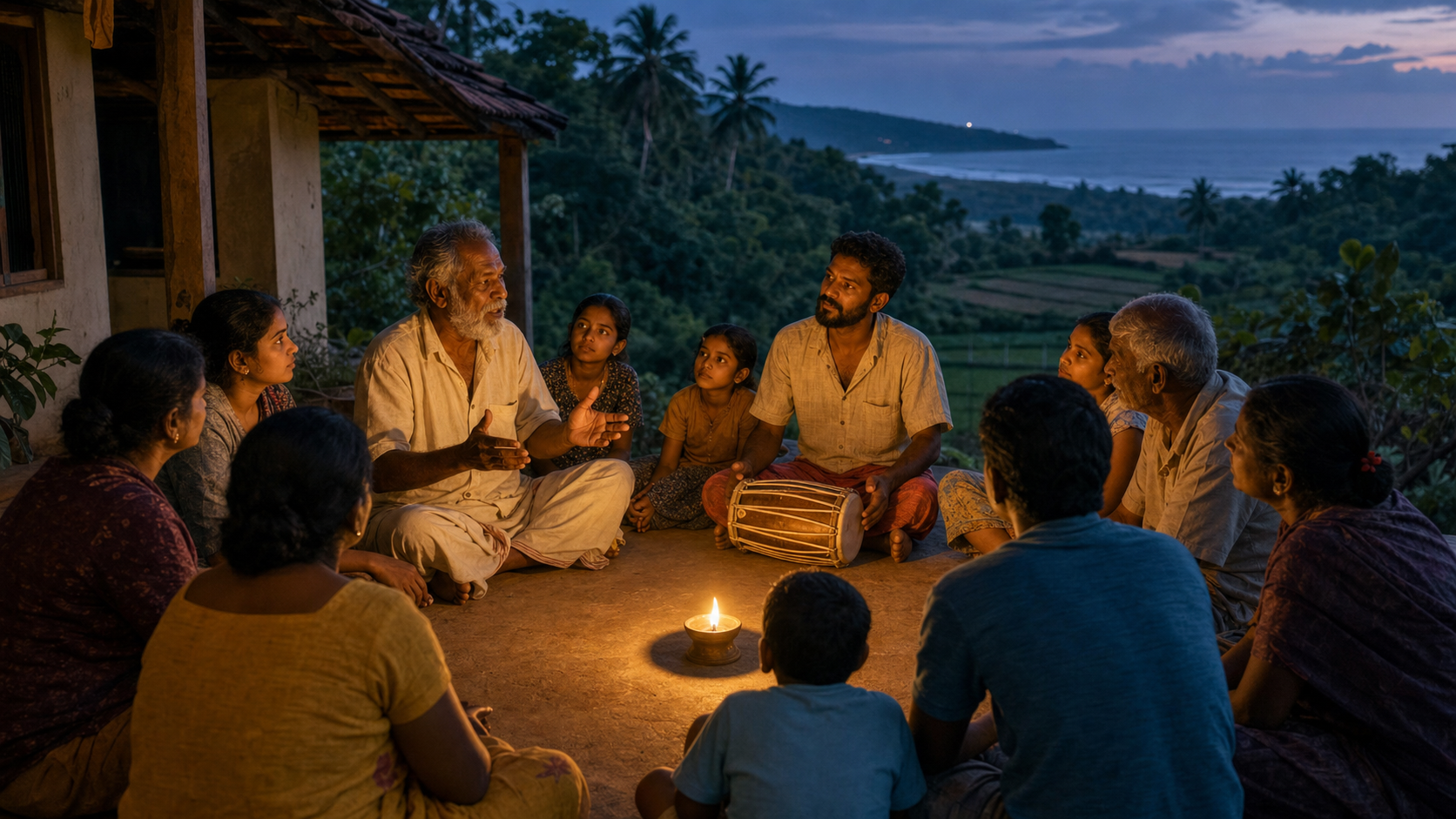 An elder speaks to an intergenerational group gathered around an oil lamp in a coastal Karnataka courtyard at dusk.