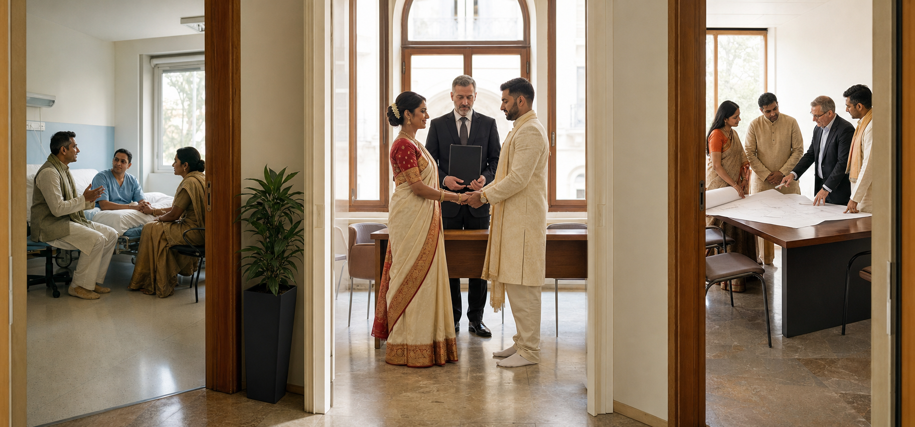Connected scenes show a Hindu wedding, a hospital spiritual-care visit, and a temple meeting with a municipal officer in Italy.