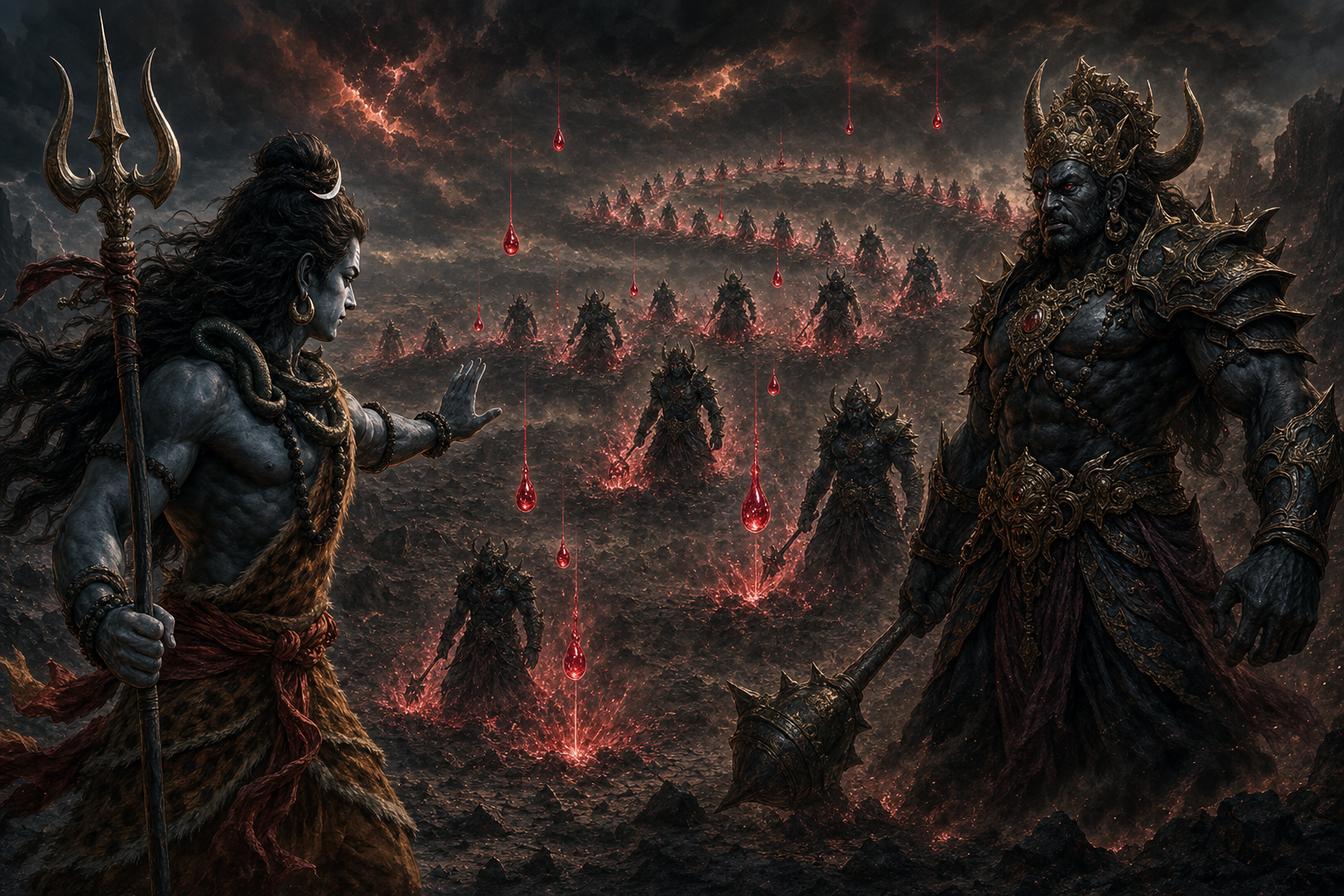 Shiva faces Andhaka as glowing red drops touch the battlefield and produce multiple shadowy copies of the asura.