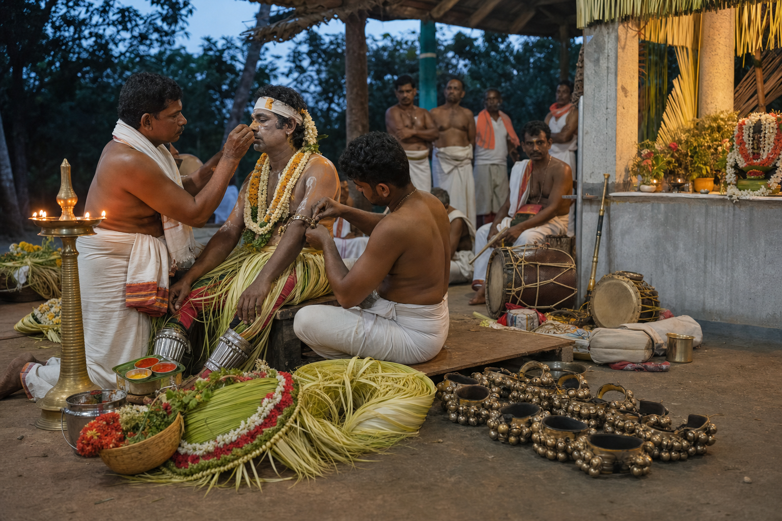 Ritual attendants help a seated Bhuta Kola specialist prepare ceremonial paint, ornaments, and palm-leaf costume elements.