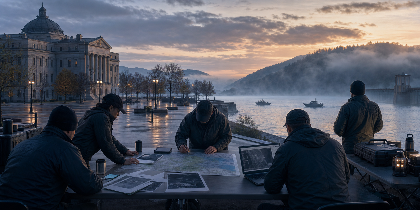 Security personnel review maps at an operations table overlooking a public square and a distant reservoir at dawn.