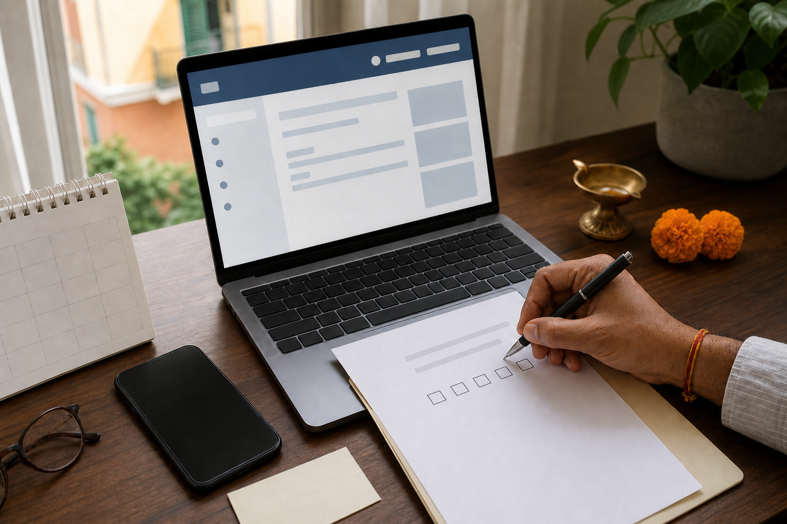 A person at a desk cross-checks an official-looking document with a laptop, calendar, phone, and blank checklist.