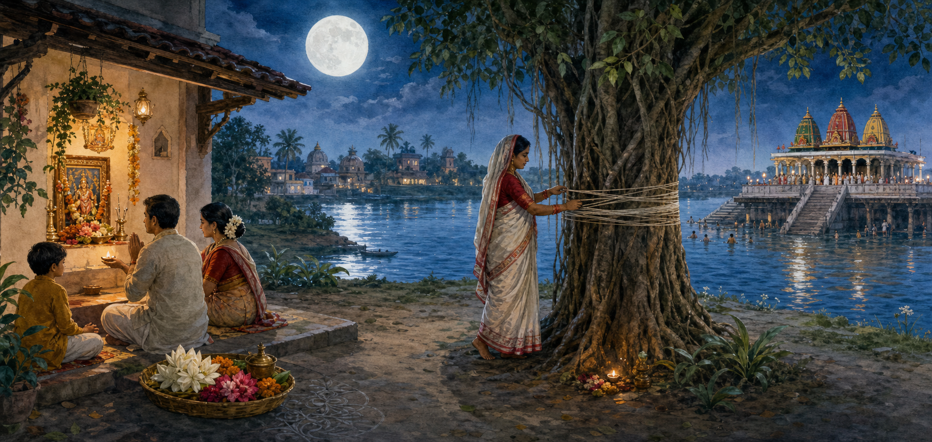 Different household and temple observances take place beneath the same full moon, including home worship, banyan-tree veneration, and a distant bathing ceremony.