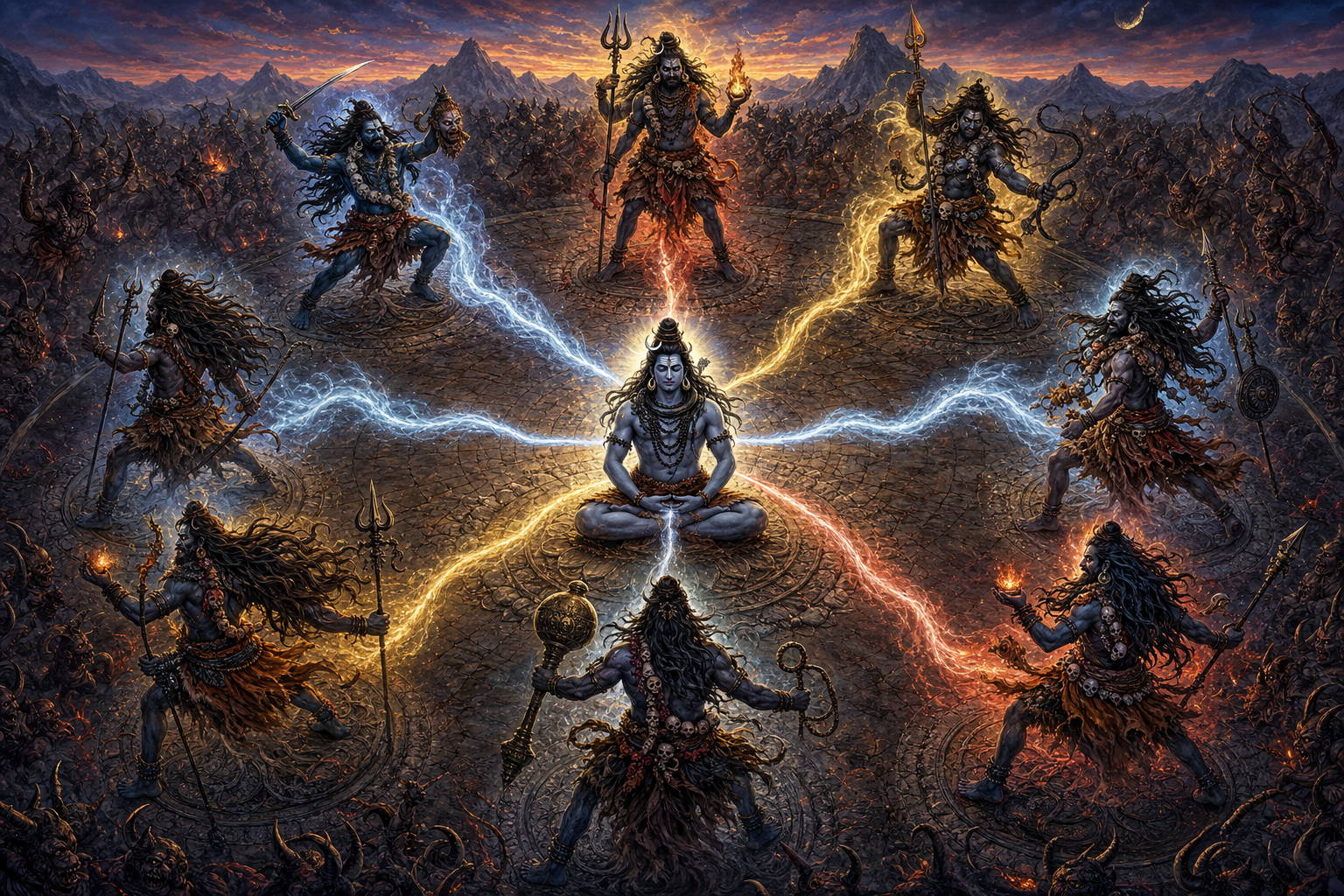 Eight fierce Bhairavas emerge from Shiva's radiance and take positions around the battlefield as outward-facing guardians.