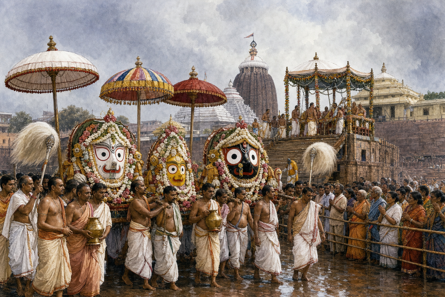Temple servitors escort Jagannath, Balabhadra, and Subhadra toward the ceremonial bathing platform as devotees watch from a distance.