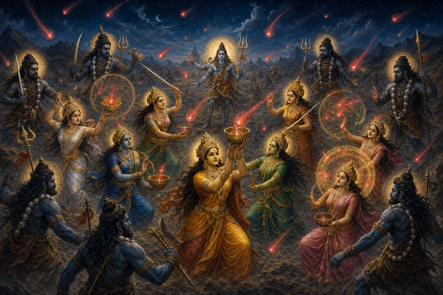 The Matrikas work alongside the Eight Bhairavas to catch glowing drops on the battlefield while Shiva directs the struggle behind them.