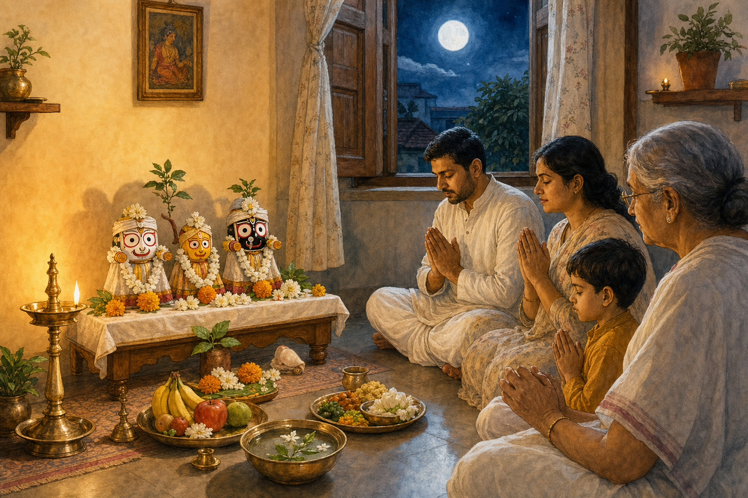 A family offers flowers, fruit, water, and an oil lamp at a simple Jagannath shrine during a quiet home observance.