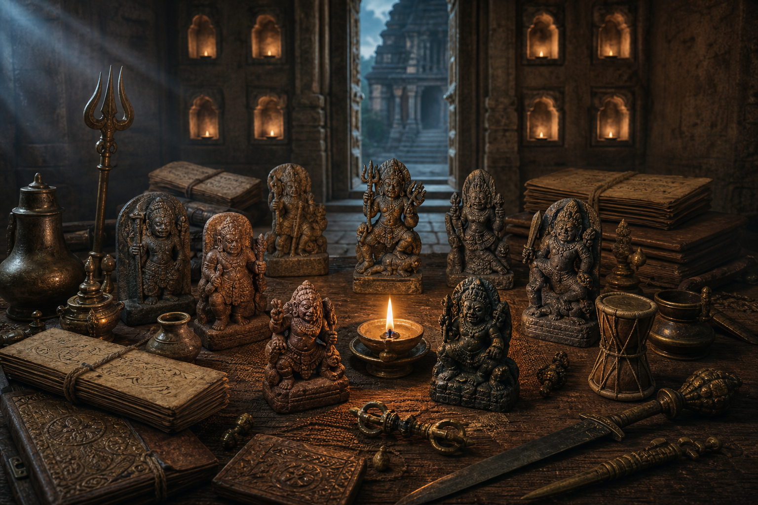 Eight varied stone Bhairava icons surround an oil lamp beside ritual weapons, vessels, and manuscript bundles in a temple study space.
