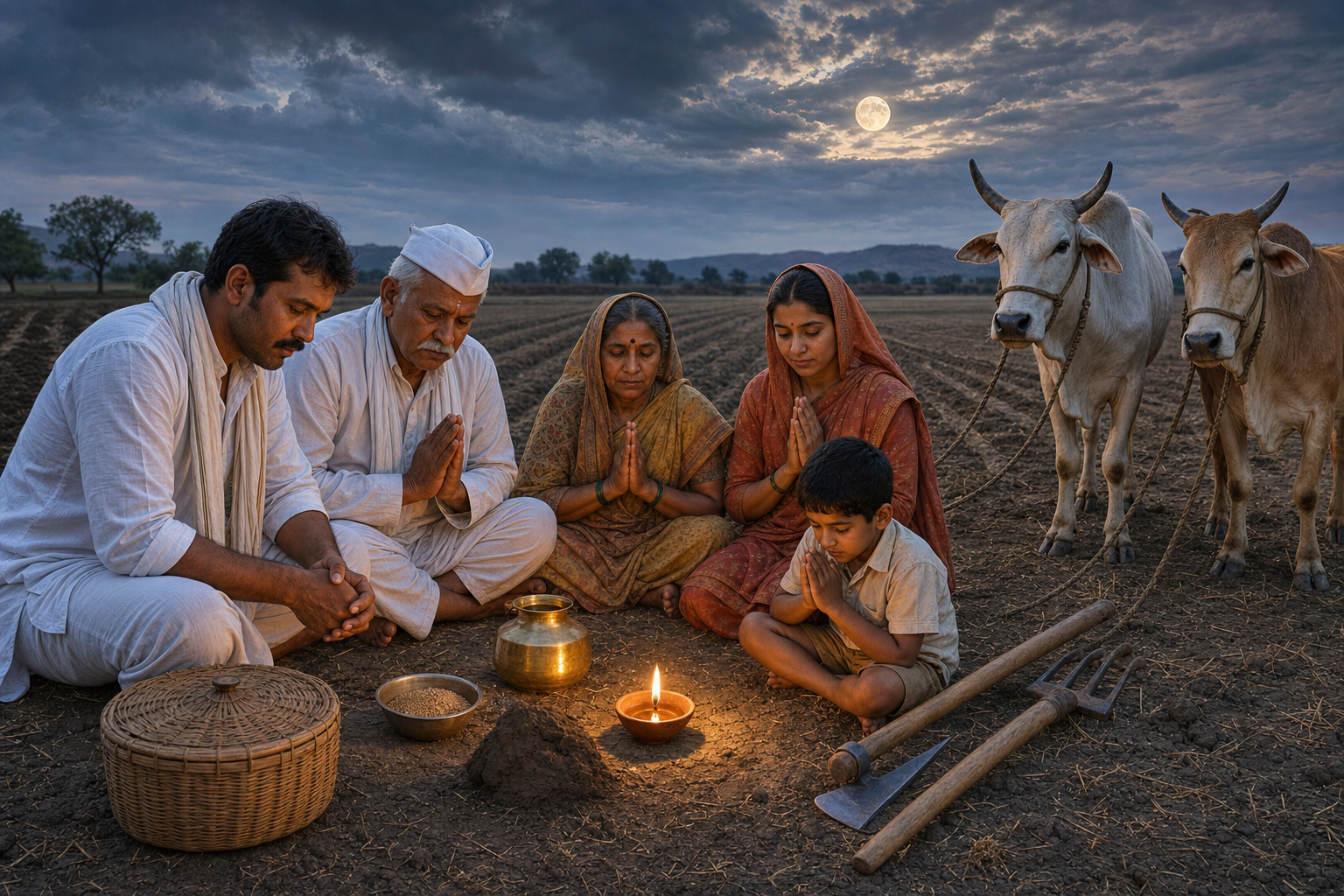 A farming family blesses soil, water, seed, tools, and cattle beside a dry field as monsoon clouds gather under a full moon.
