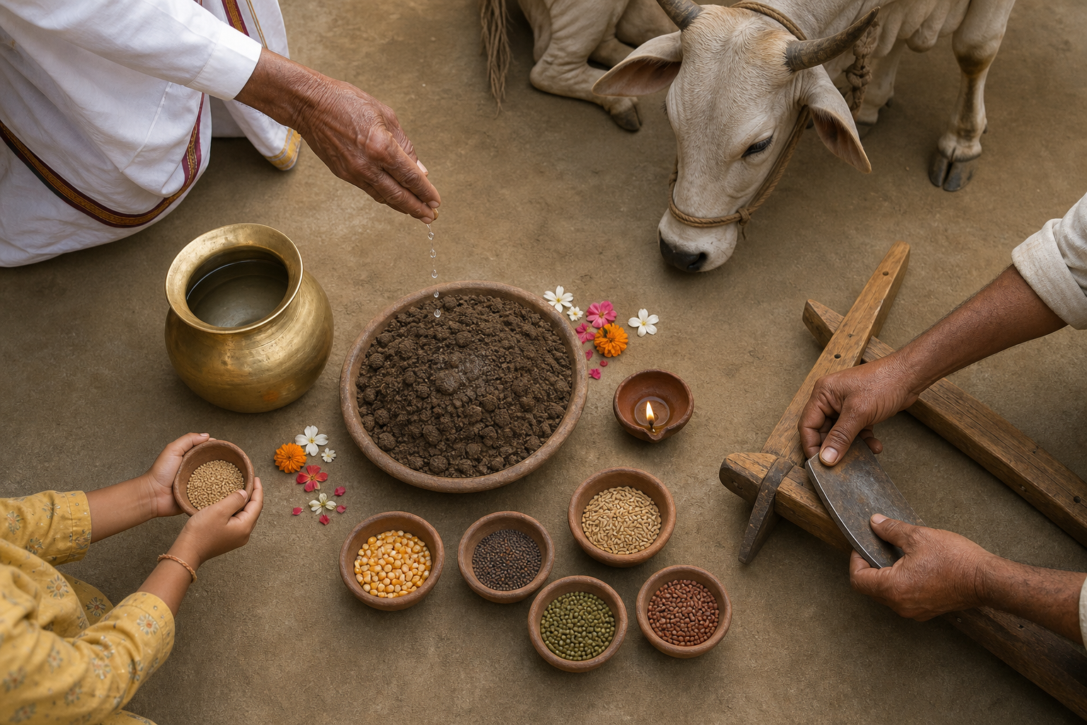 Three generations arrange soil, water, seeds, farm tools, and a nearby ox for a simple courtyard blessing.