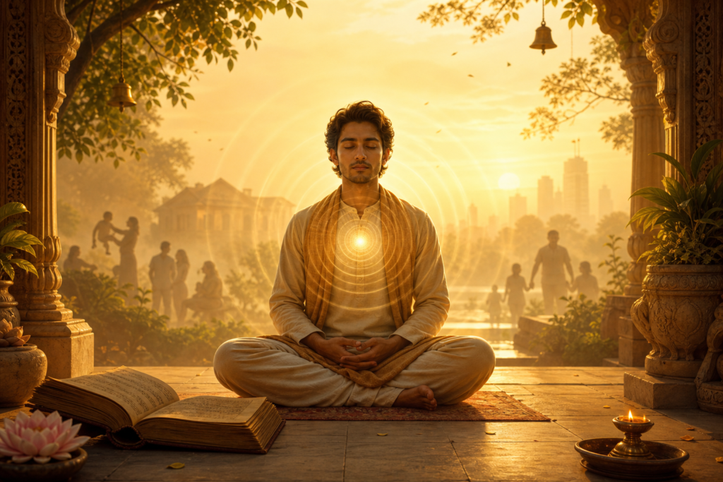 Meditating seeker in a golden temple courtyard with heart light