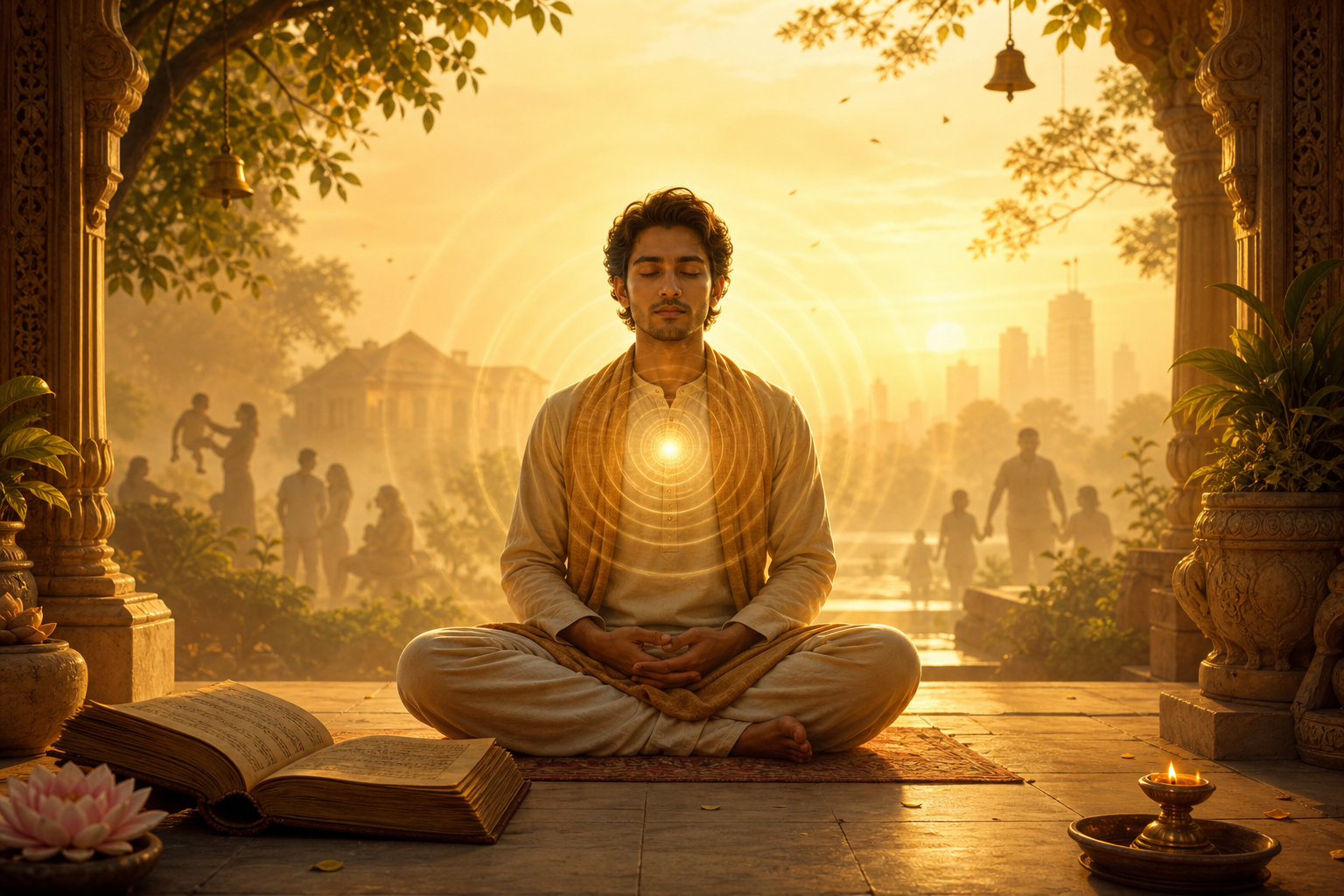 Meditating seeker in a golden temple courtyard with heart light