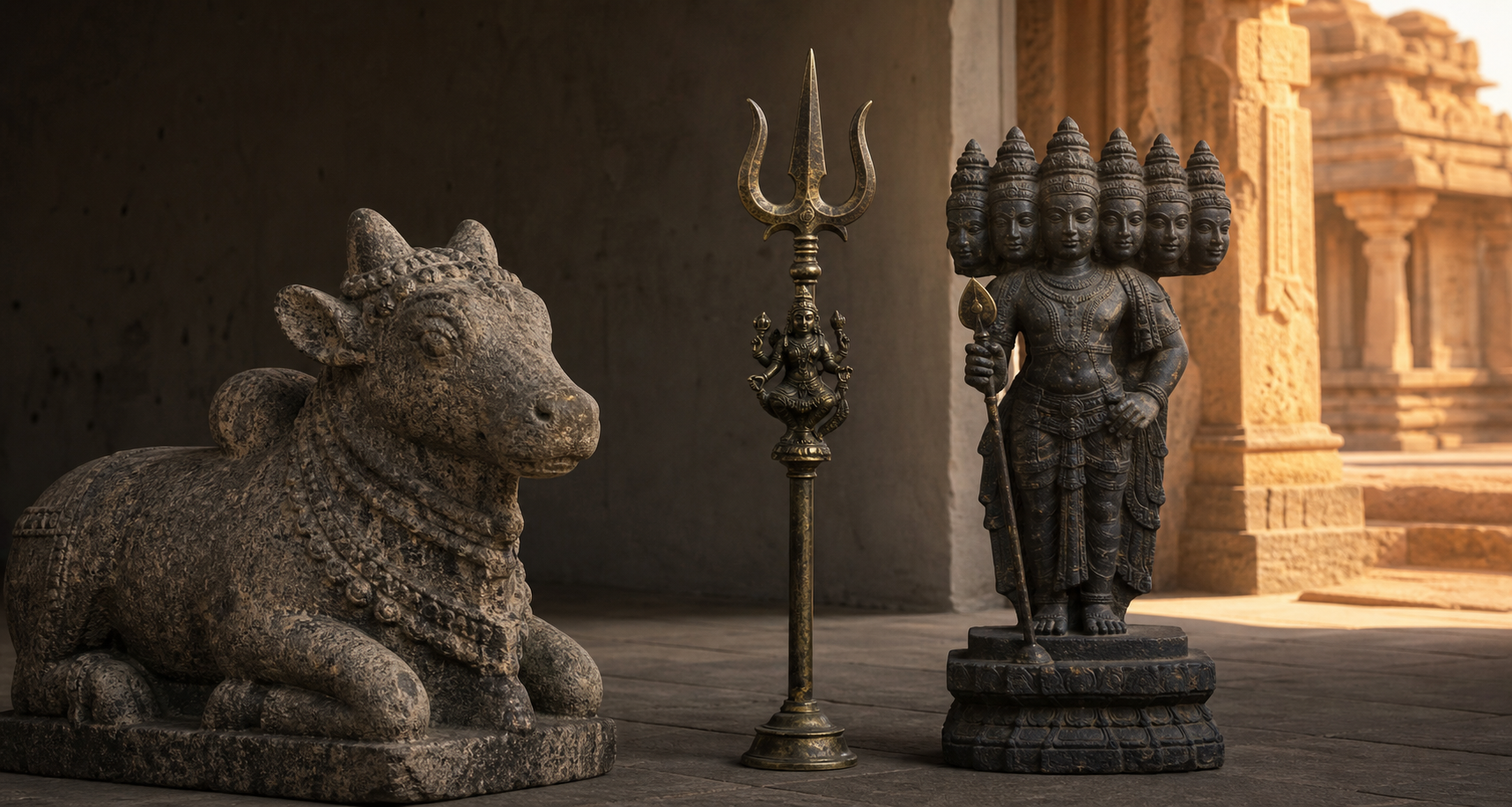 Granite Nandi, bronze trident with Bhadrakali, and basalt six-headed Skanda arranged between a museum-like interior and a Tamil temple threshold.