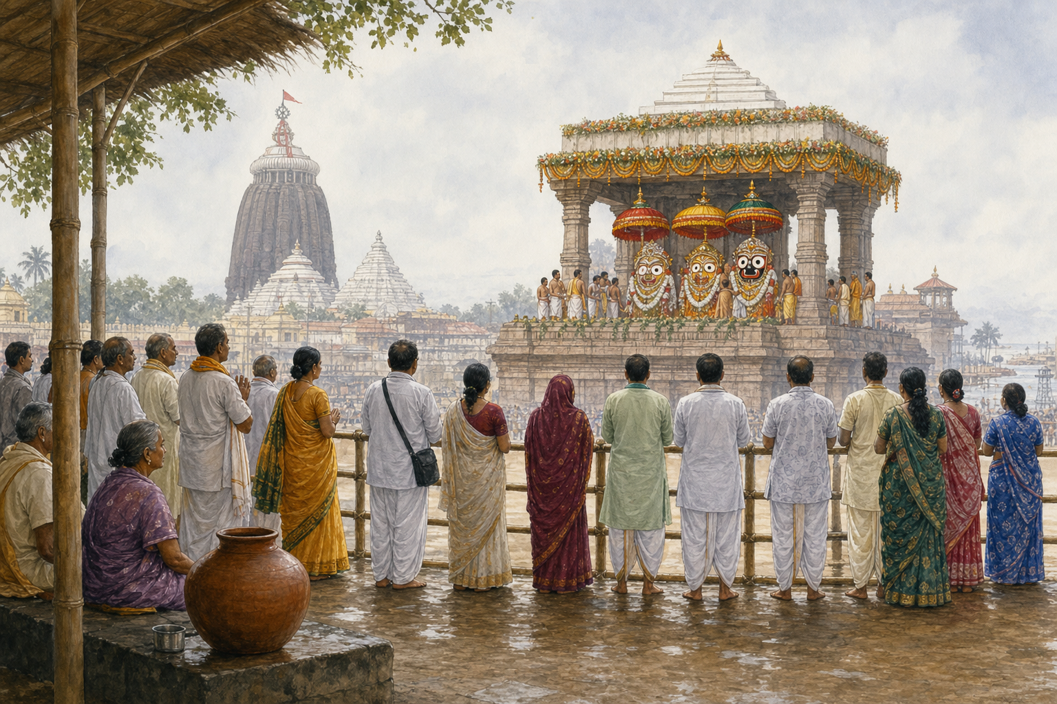 Pilgrims view the Snana Yatra from behind an orderly boundary, with the elevated ceremonial platform visible in the distance.