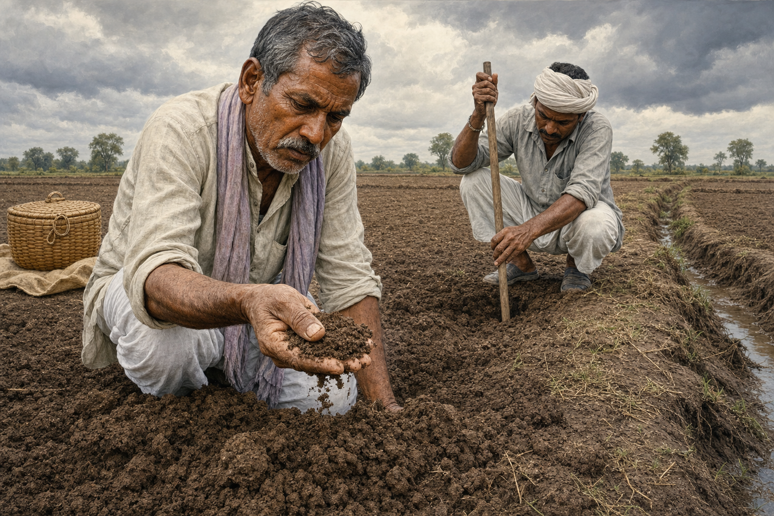 Two farmers test the moisture and structure of field soil while seed remains stored in a closed basket nearby.