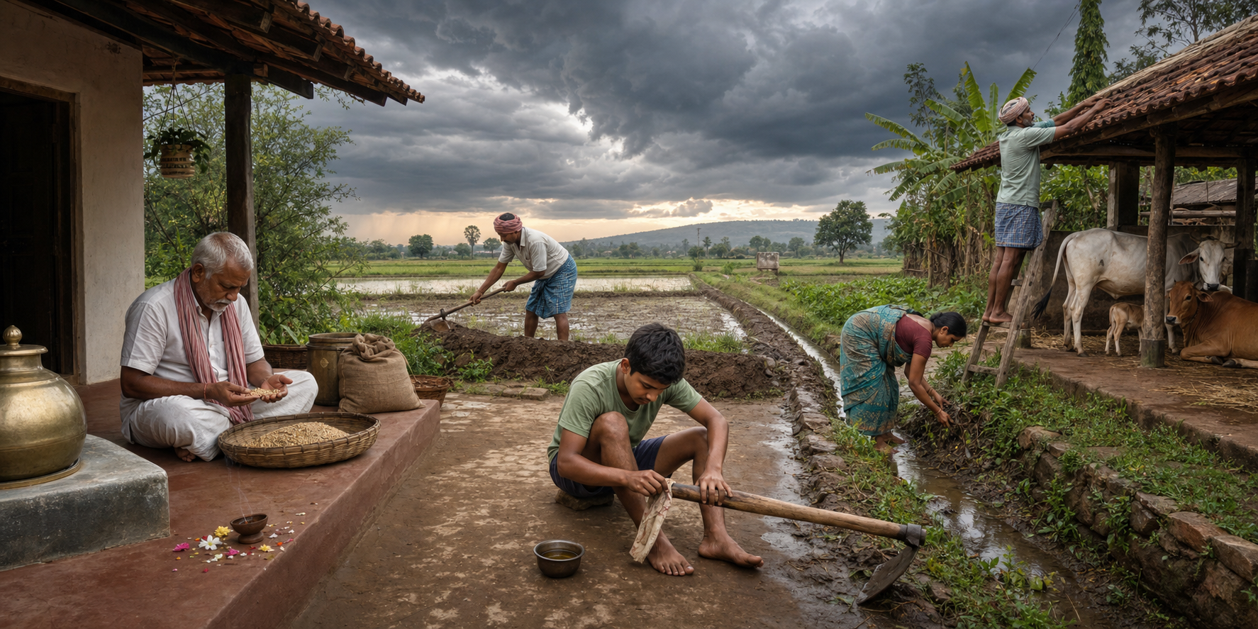 Family members repair a field bund, clear drainage, inspect seed, maintain a hoe, and check a cattle shelter before the monsoon.