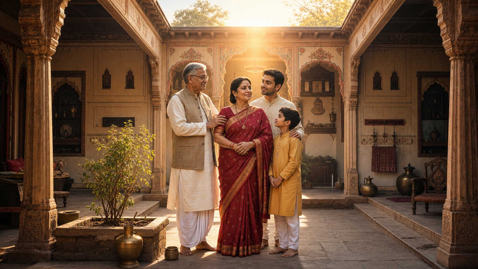 Morning sunlight fills the courtyard of an Indian family home where three generations stand together near a brass water vessel and a sacred plant.