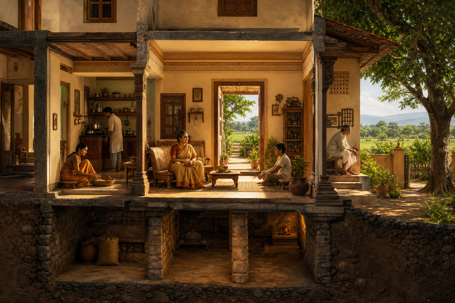Cutaway illustration of an Indian home with a mother and family in sunlit rooms above visible foundation stones and beside a garden.