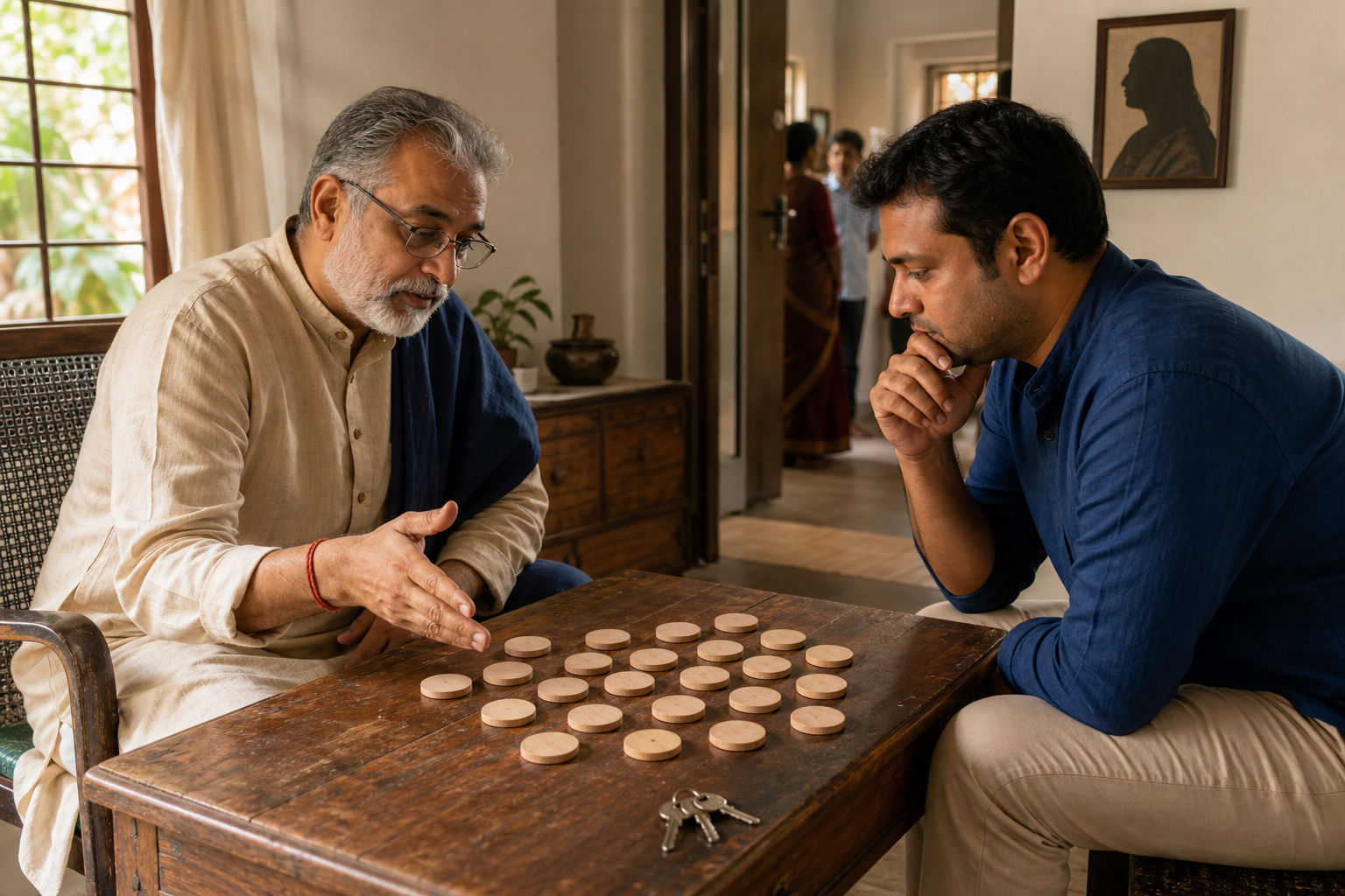 An astrologer and a householder consider a group of unmarked wooden tokens together in a softly lit consultation room.