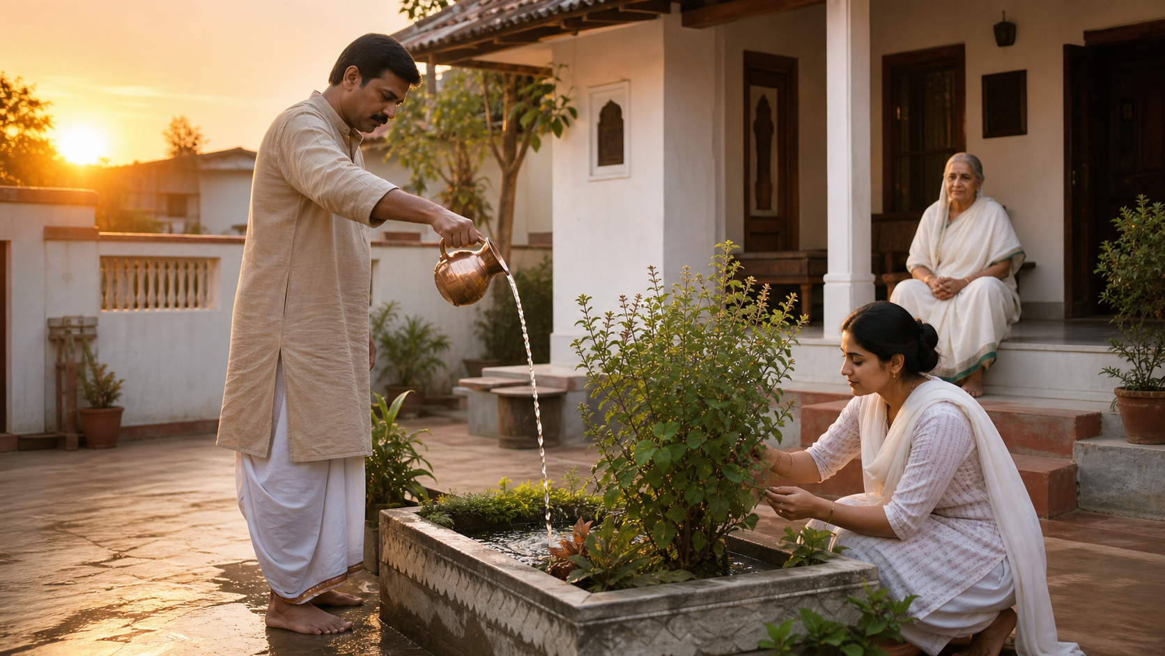 A person offers water toward the rising sun in a clean home courtyard while family members care for the plant and veranda.